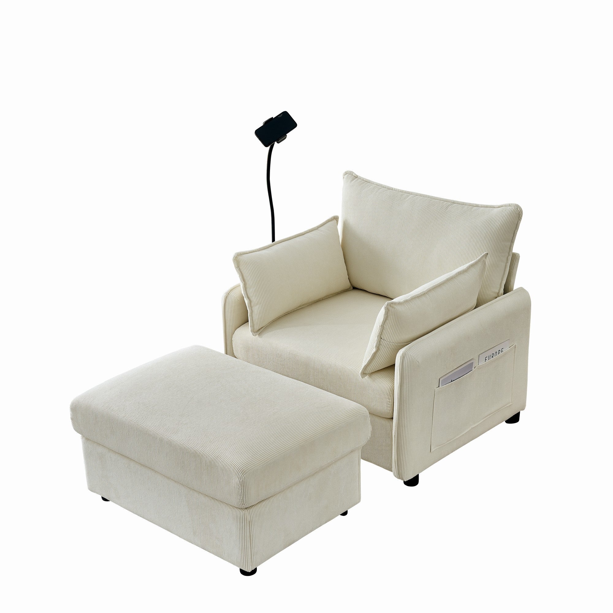 Oversized Chaise Lounge Chair with Ottoman and Storage in Beige