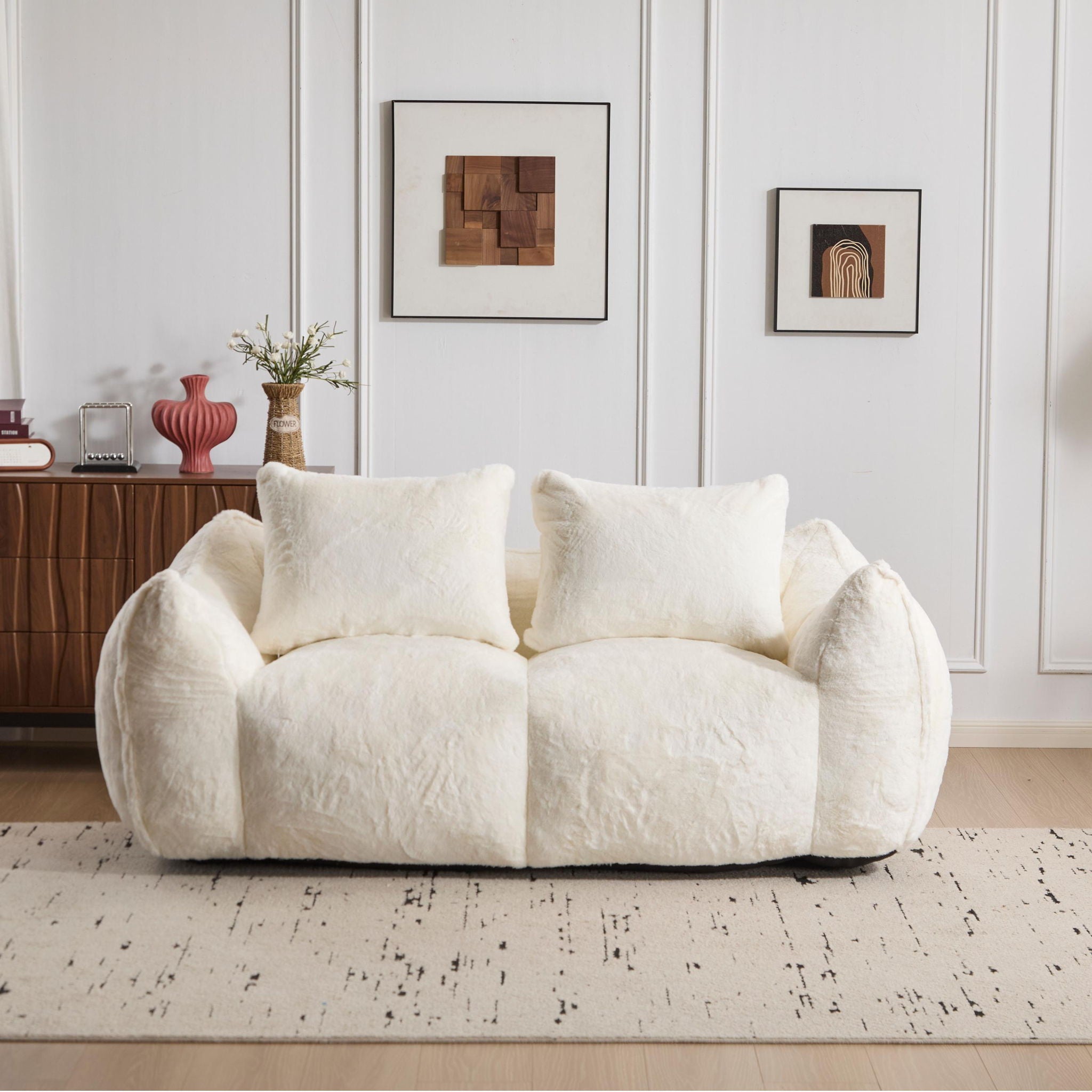 Giant Bean Bag Couch, Ultra Soft Fluffy Loveseat For Living Room Reading Chair With Pillows - White