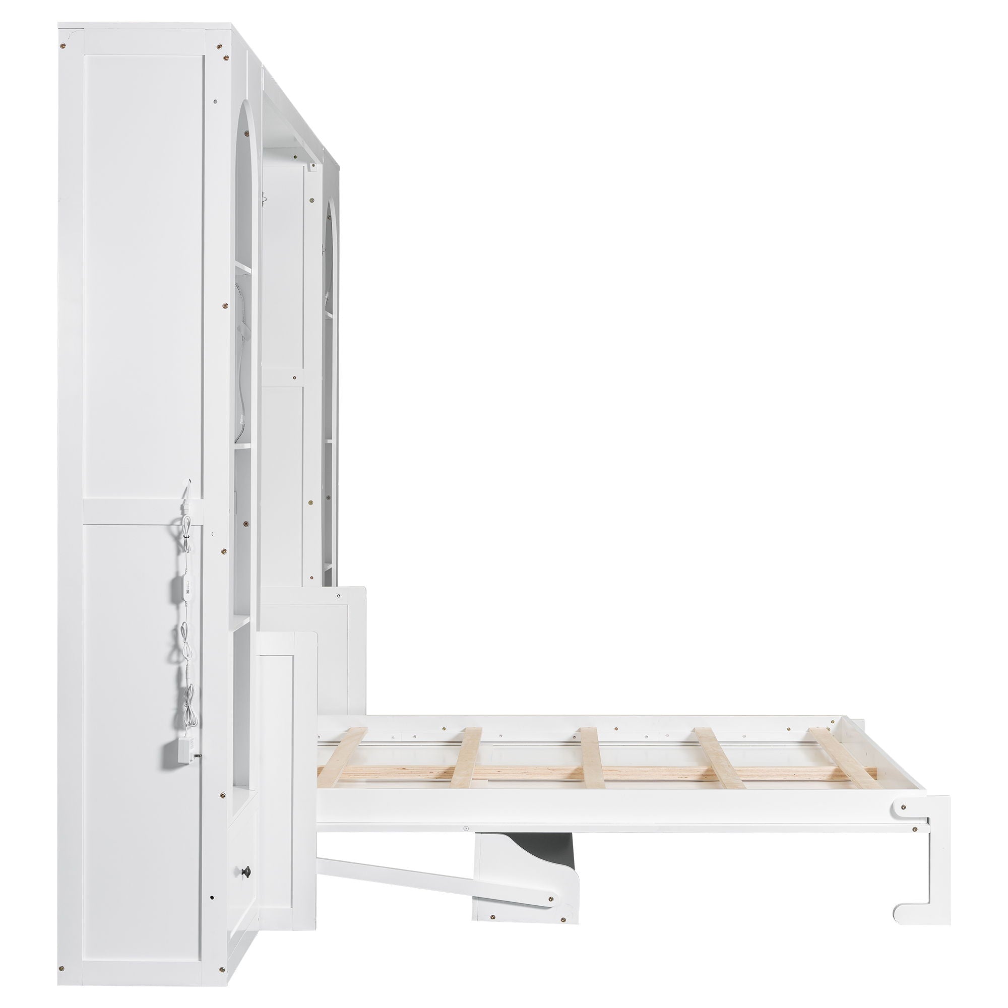 French Style Murphy Platform Bed With Shelf, Side Cabinets, Drawers And LED