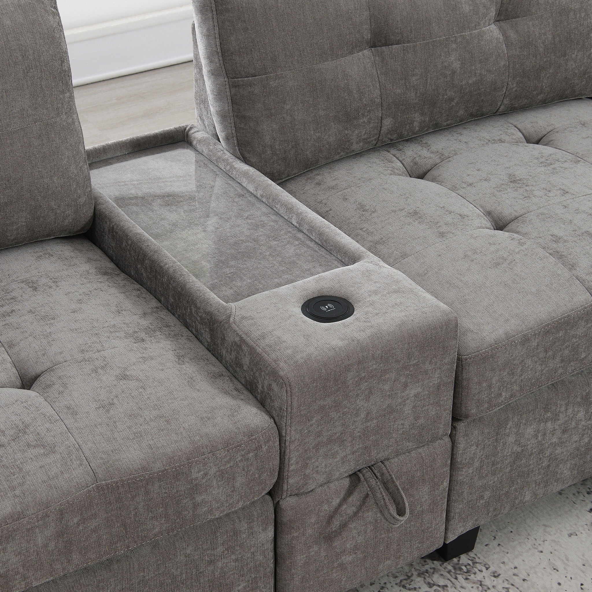 Sectional With Acrylic Table Top U Shaped Couch Set With 2 Consoles USB Charger, Storage Drawers And Pockets Movable Ottoman Tufted Sofa