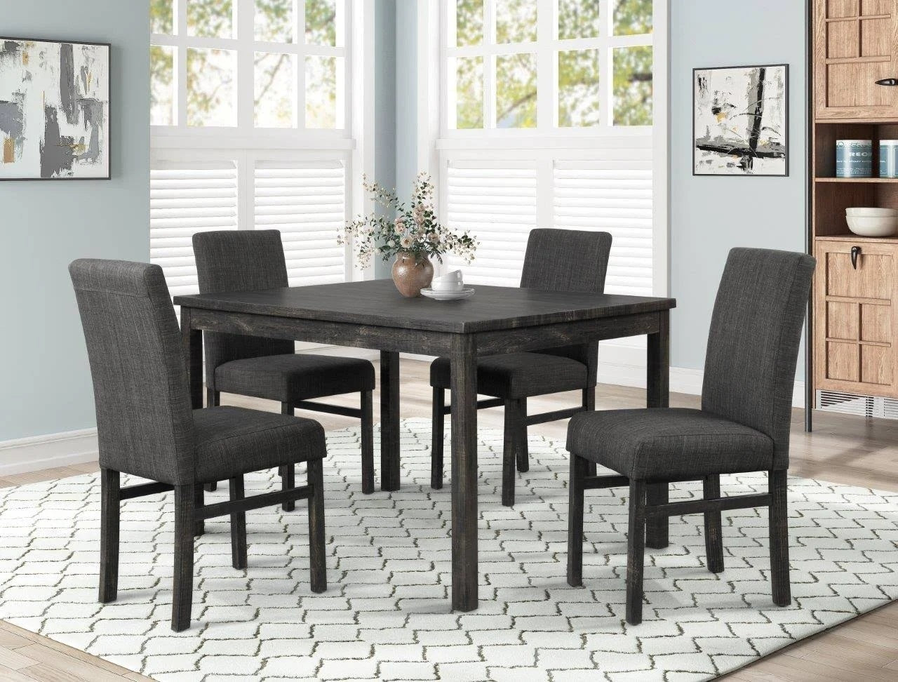 5 Piece Transitional Dining Room Set 48" Wood Dining Table with 4 Upholstered Side Chairs Charcoal Finish