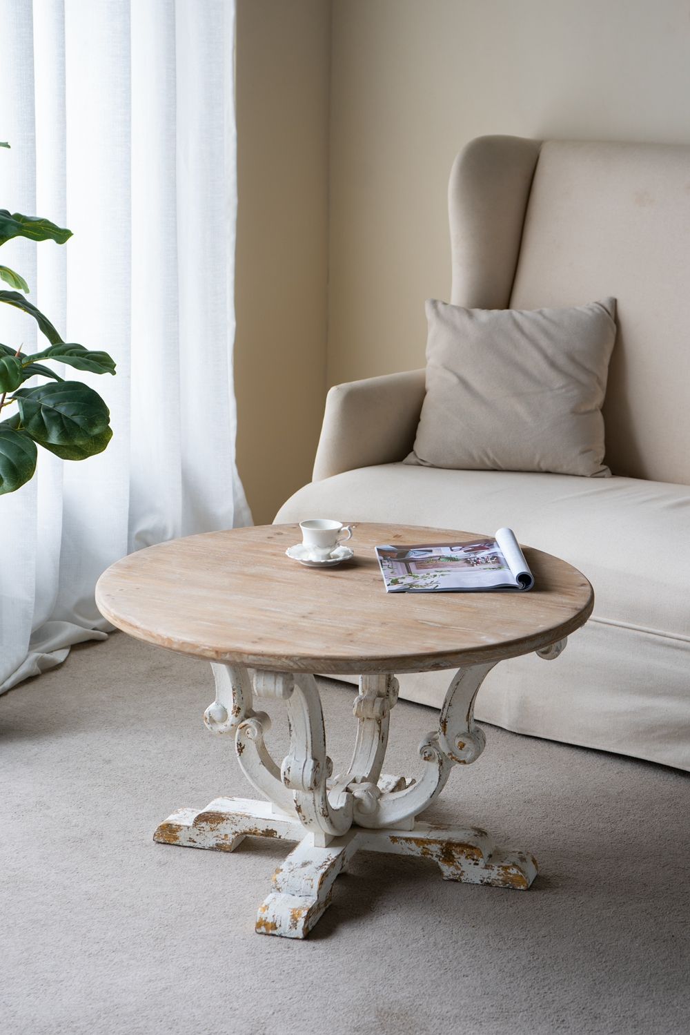 Round Wooden Coffee Table With Distressed Scrollwork Legs - Multicolor - Best Buy Furniture