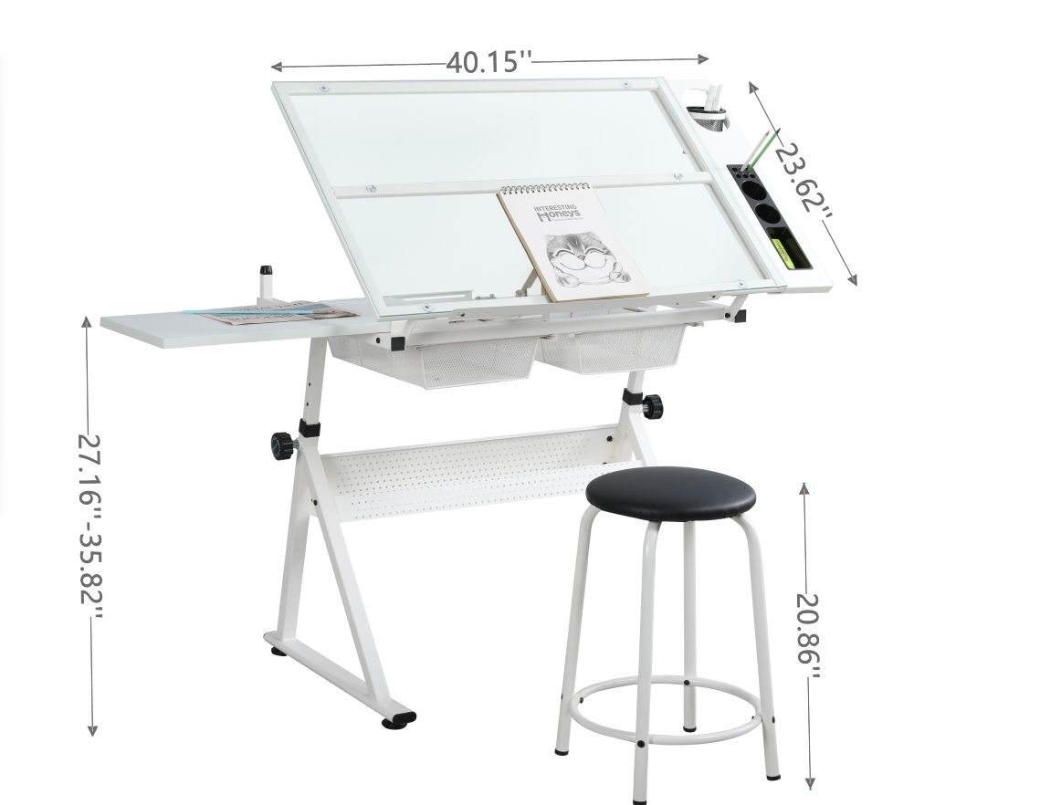 Adjustable Tempered Glass Drafting Printing Table With Chair