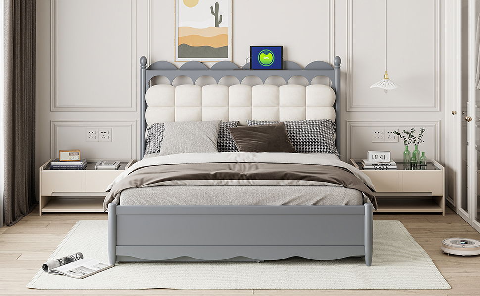 Storage Platform Bed, With 2 Big Drawers, Trundle, One Set Of Sockets & USB Ports