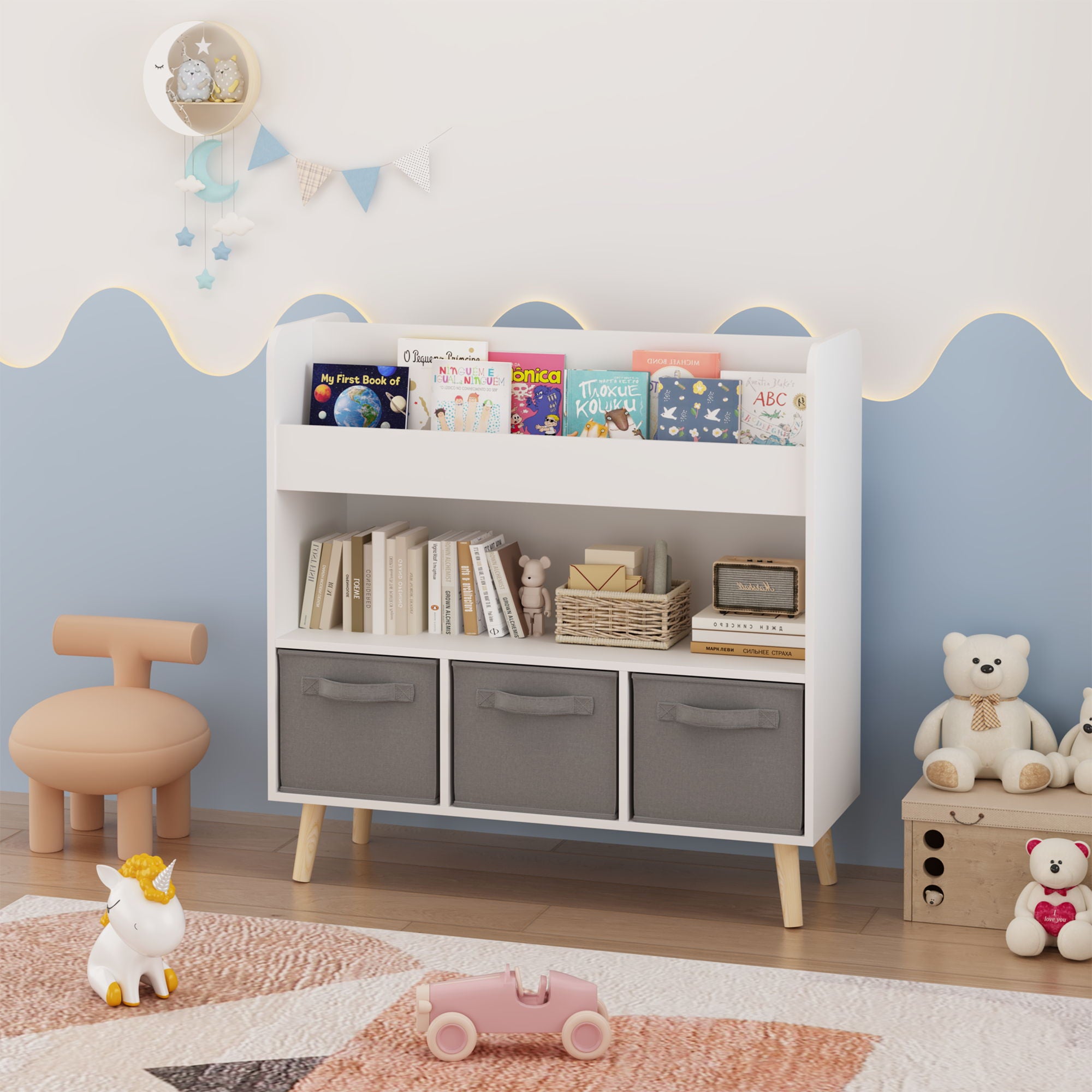 Bookshelf With 3 Bins, Storage Shelf For Toys And Books - White