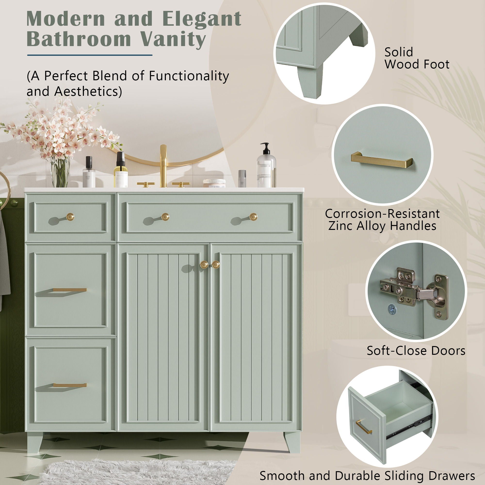 36" Bathroom Vanity With Sink, Soft Close Doors, Adjustable Shelves - Green