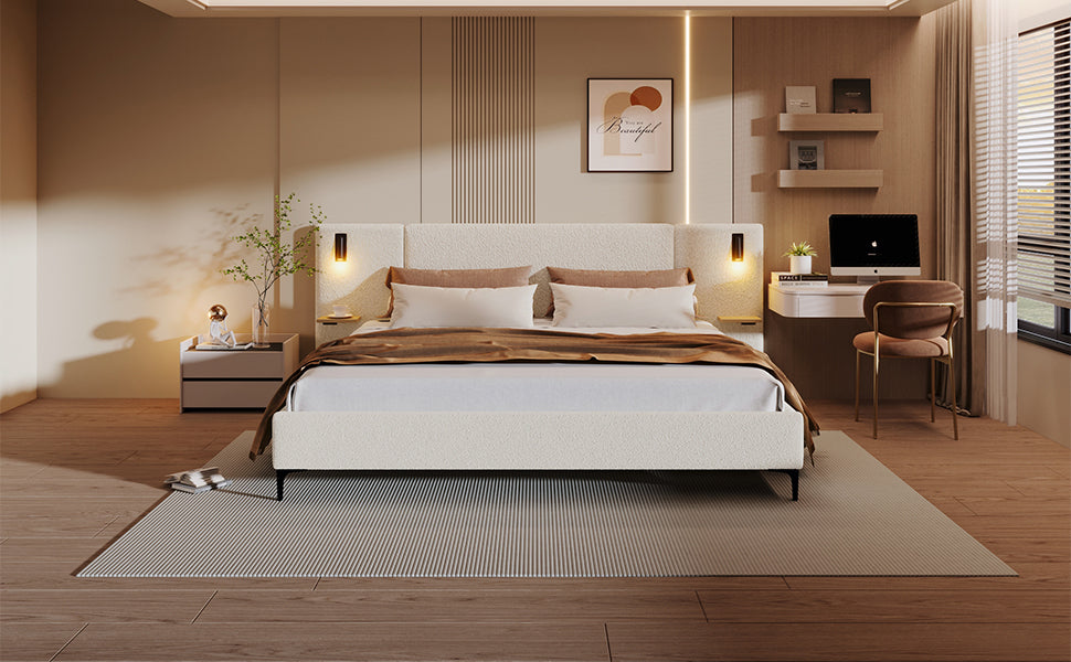 Chic Boucle Upholstered Bed with Integrated Lights and Shelves, White, King - Best Buy Furniture