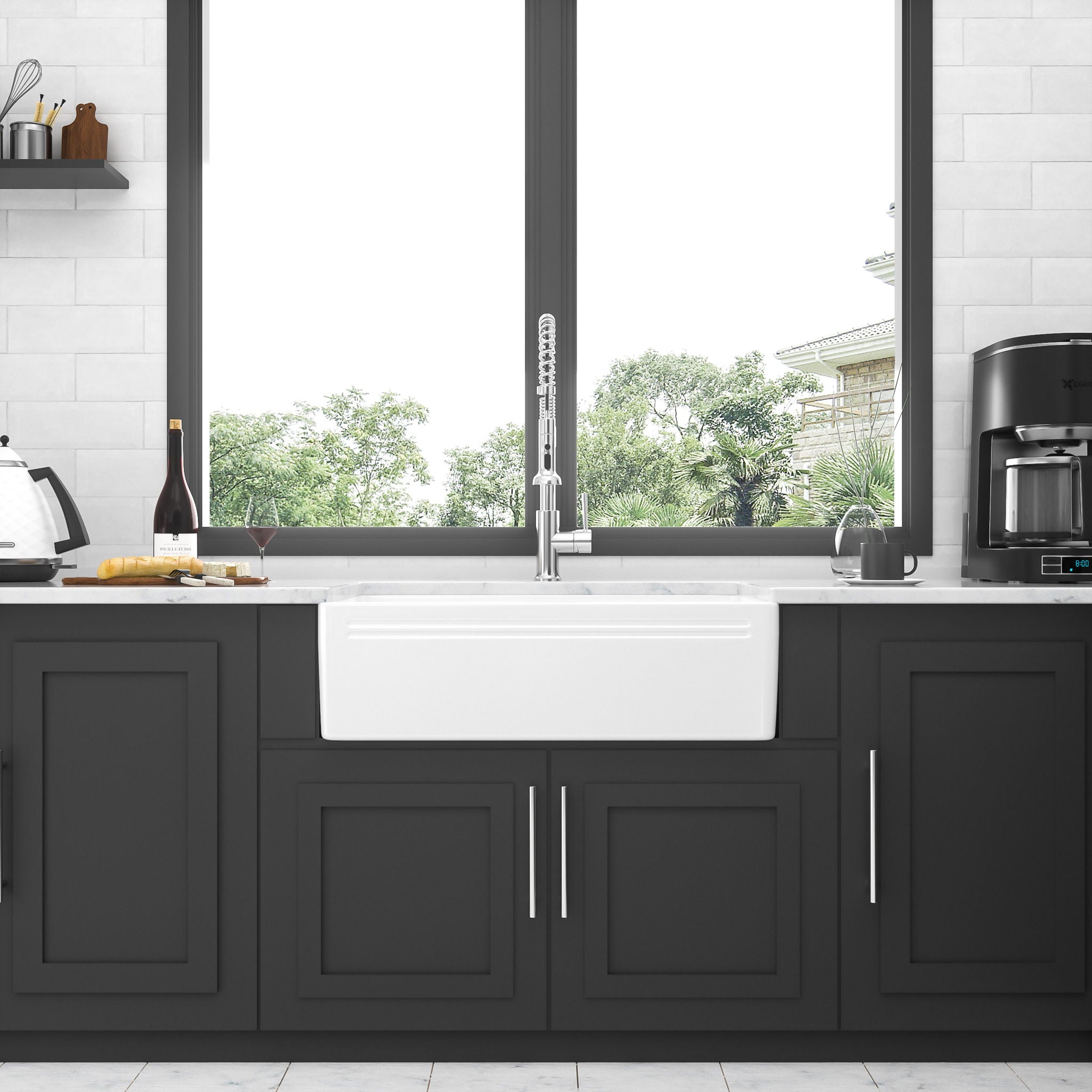Sink 30" Apron Front Reversible Single Bowl Kitchen Sink With Grid And Strainer - White