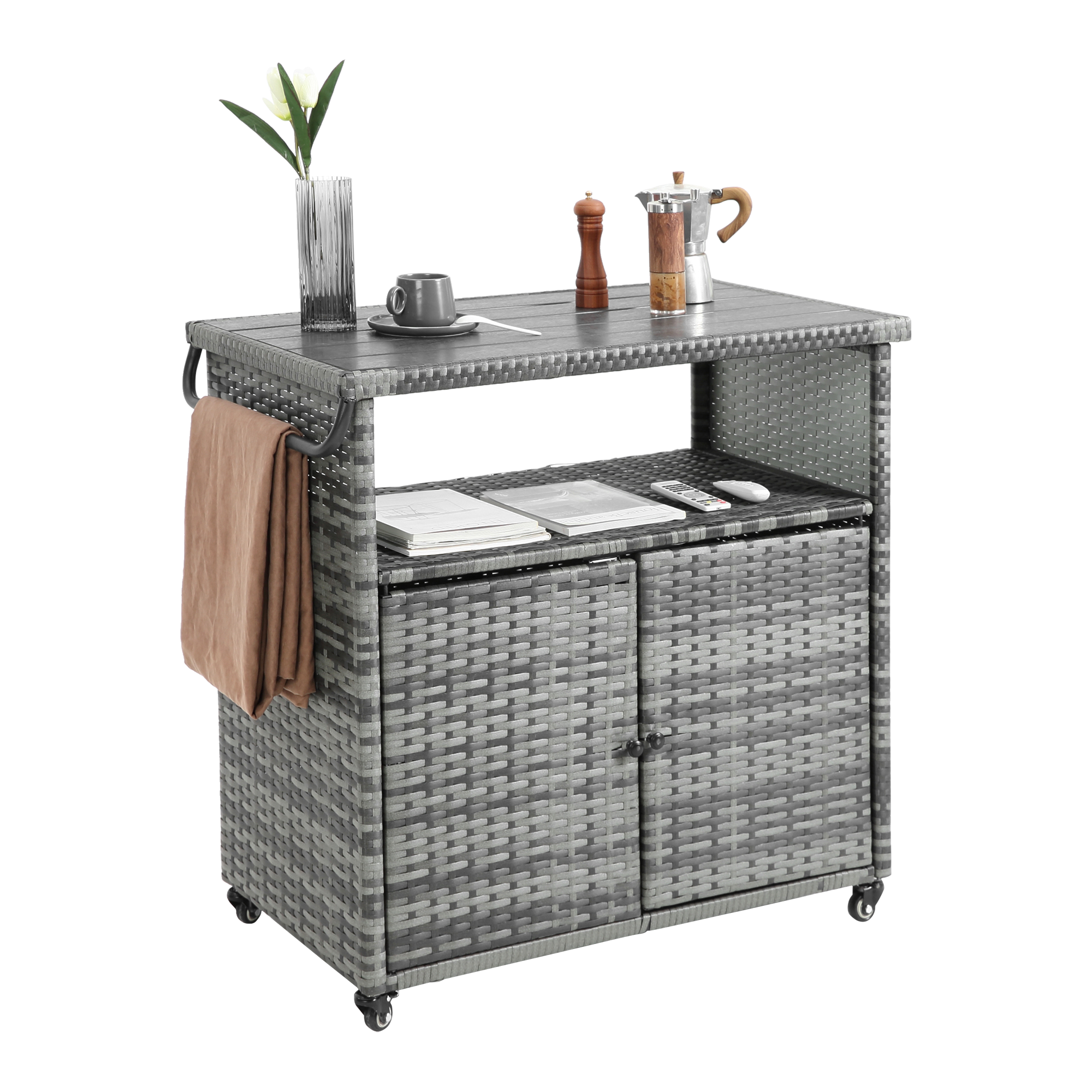 Outdoor Wicker Bar Cart with Glass Top and Wheels