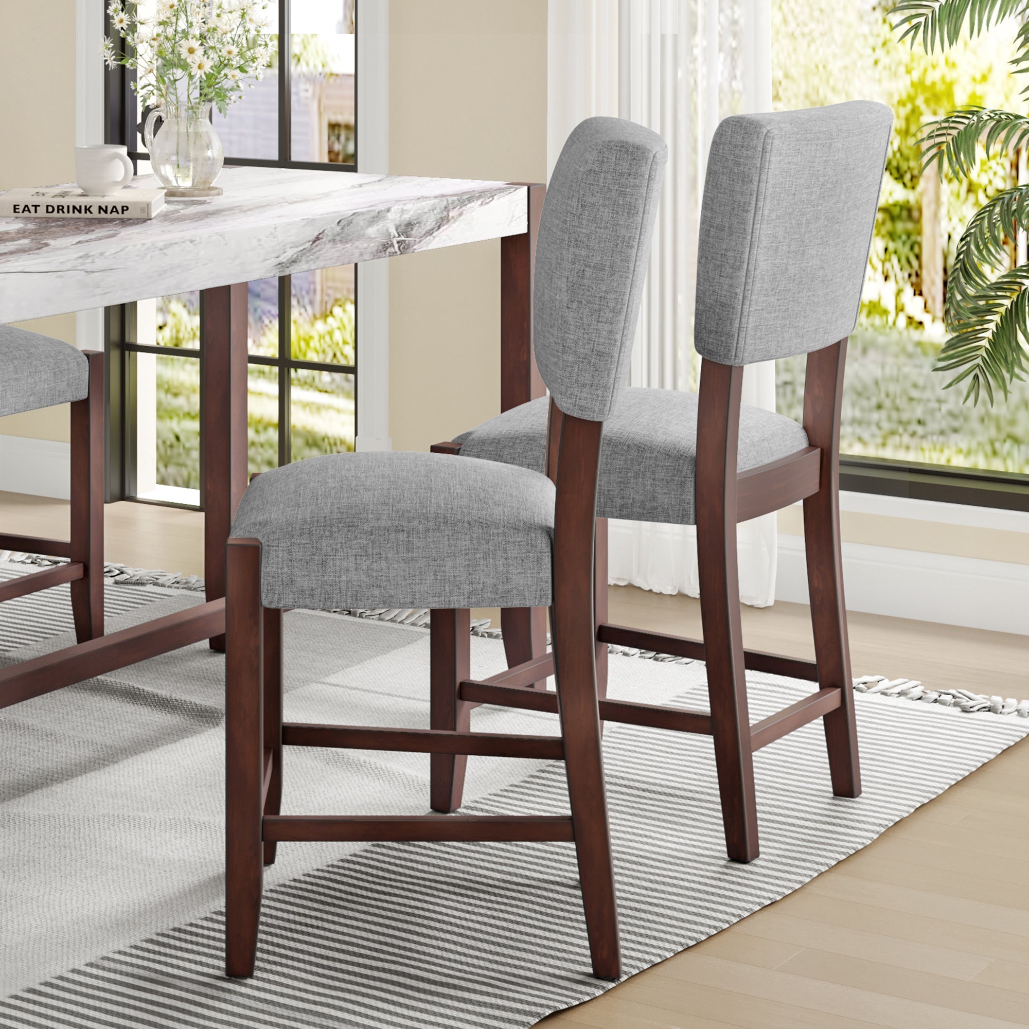 Set of 4 Mid-Century Modern Bar Stools, 40 in Linen Upholstered Counter Chairs with Rubber Wood Legs, Gray