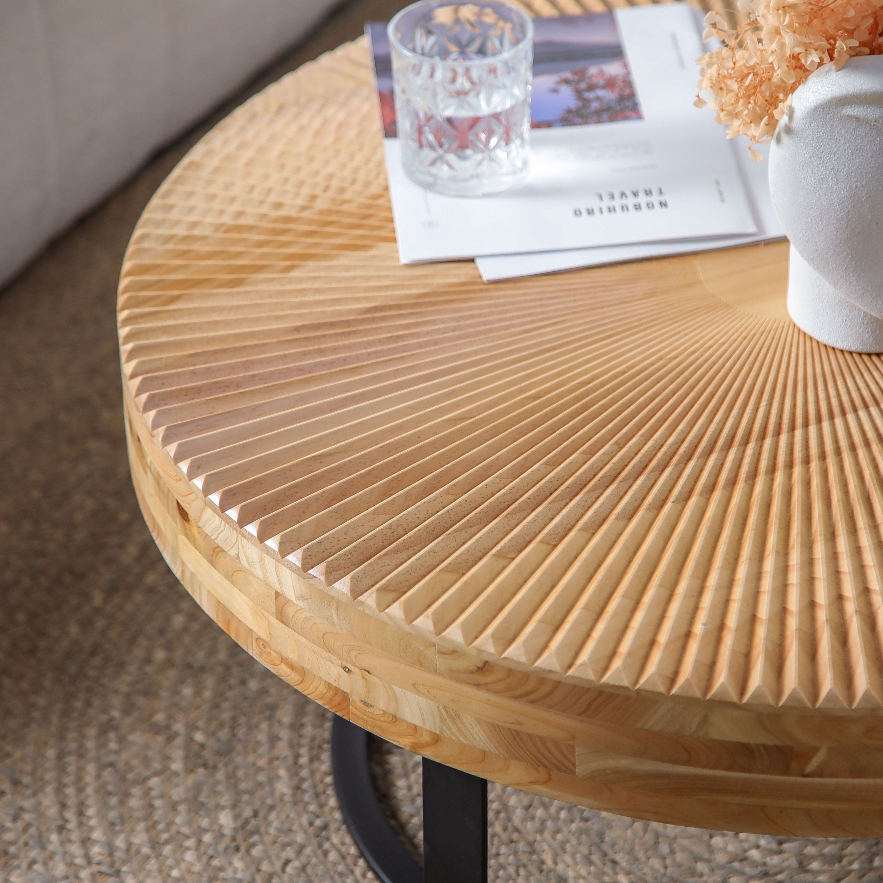 Modern Round Coffee Table with Wooden Carving Pattern and Metal Legs