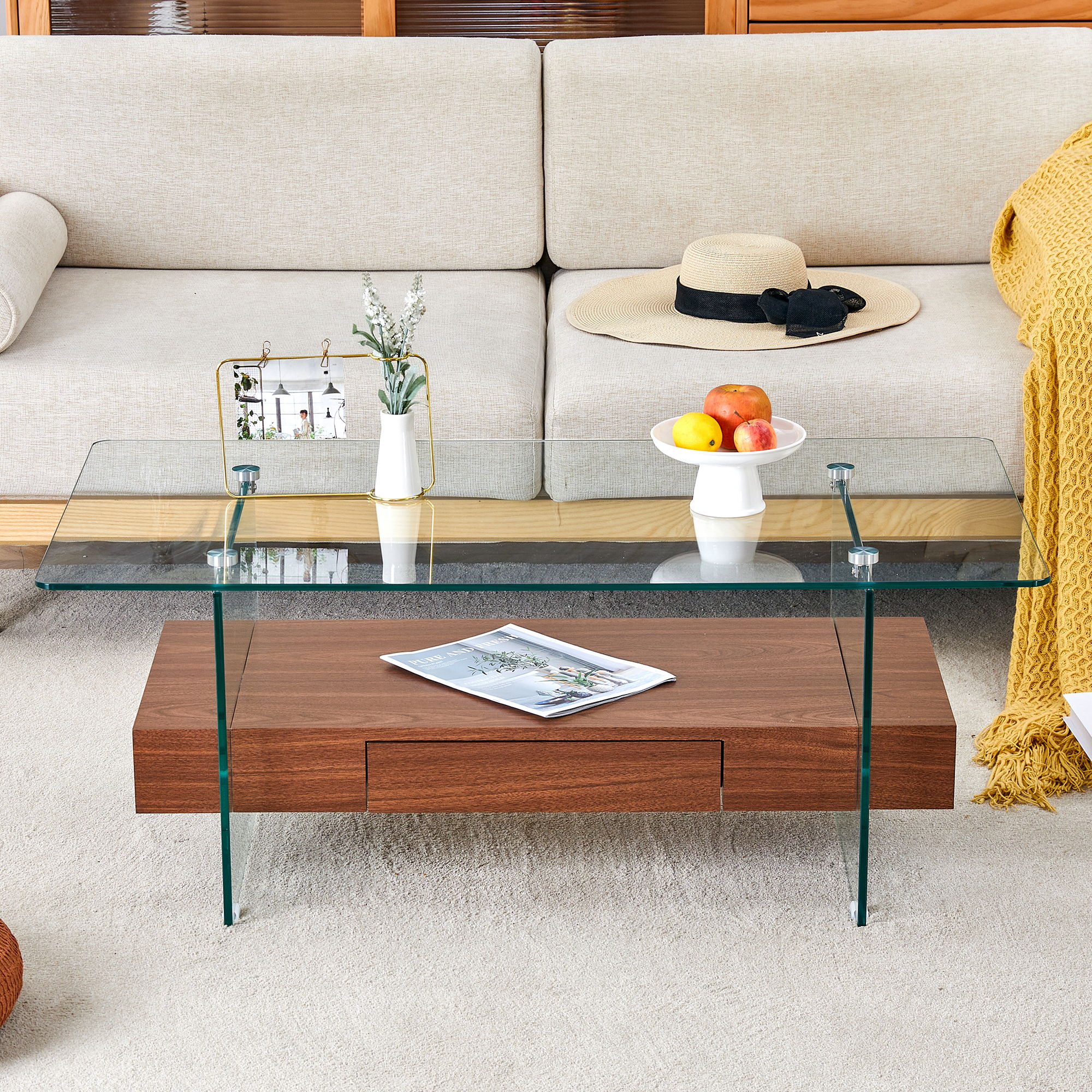 Modern 2 Tier Square Coffee Table, Elegant Marble Pattern