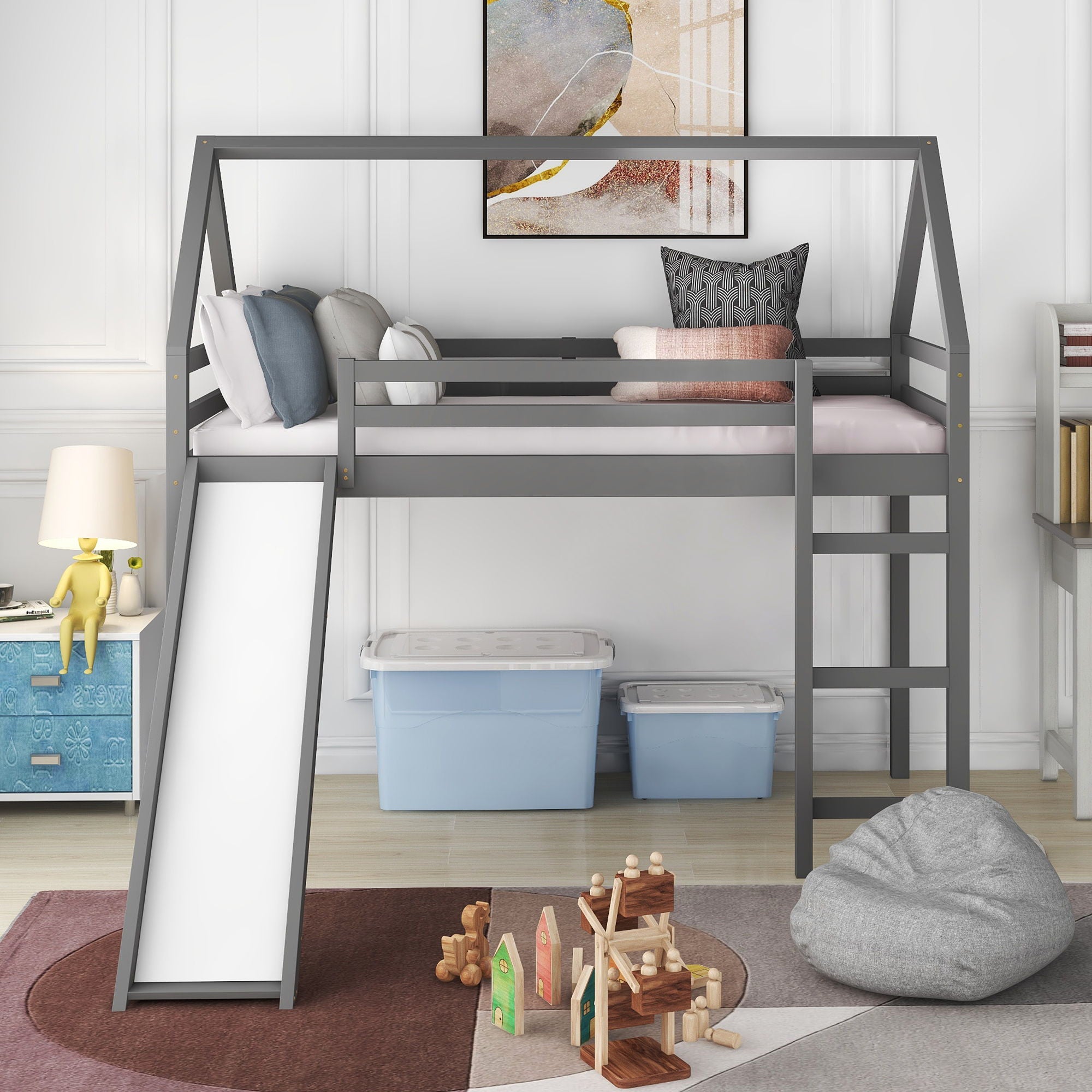 Twin Size House Loft Bed With Slide - Gray
