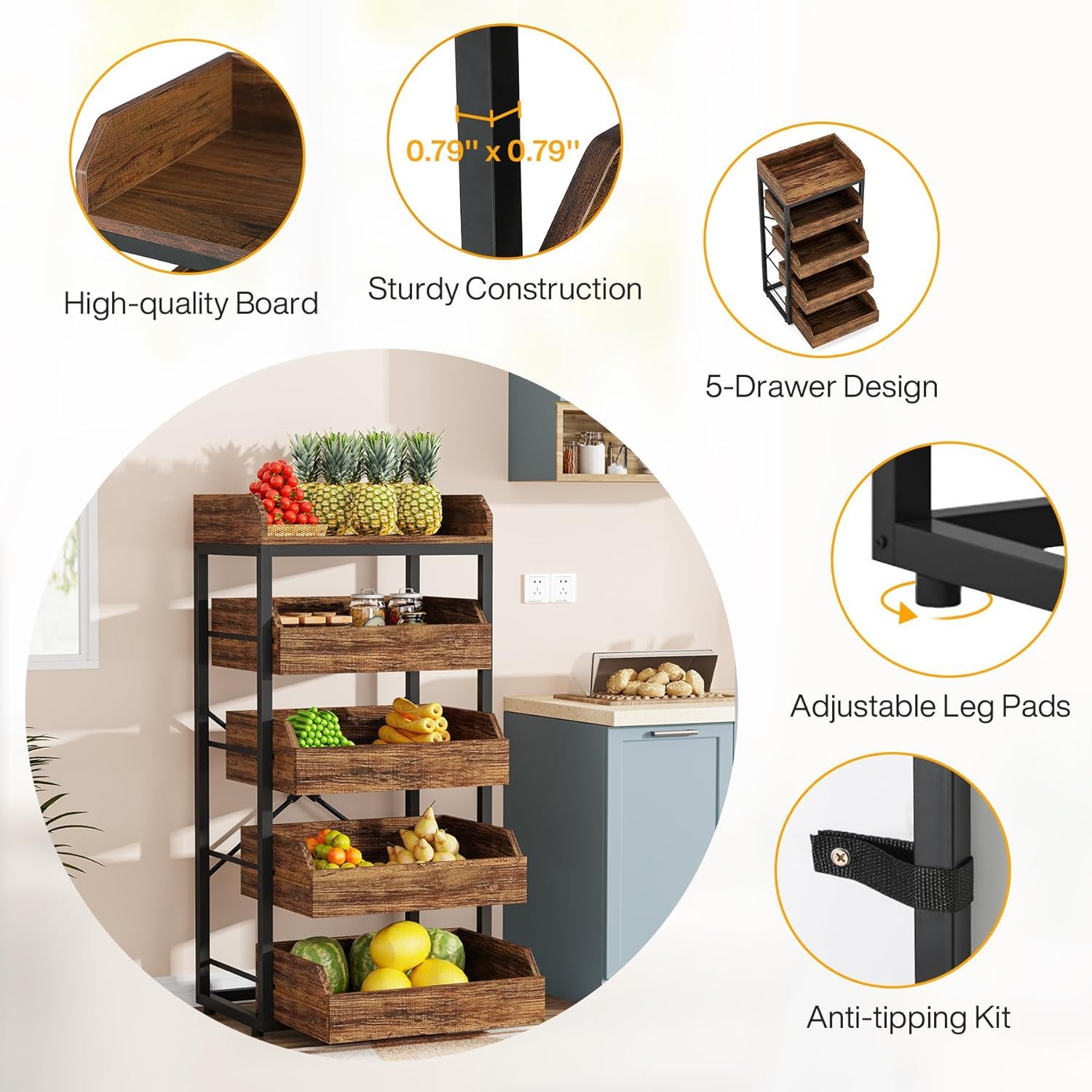 5 Tier Pull Out Fruit Vegetable & Snack Storage Rack - Brown / Black
