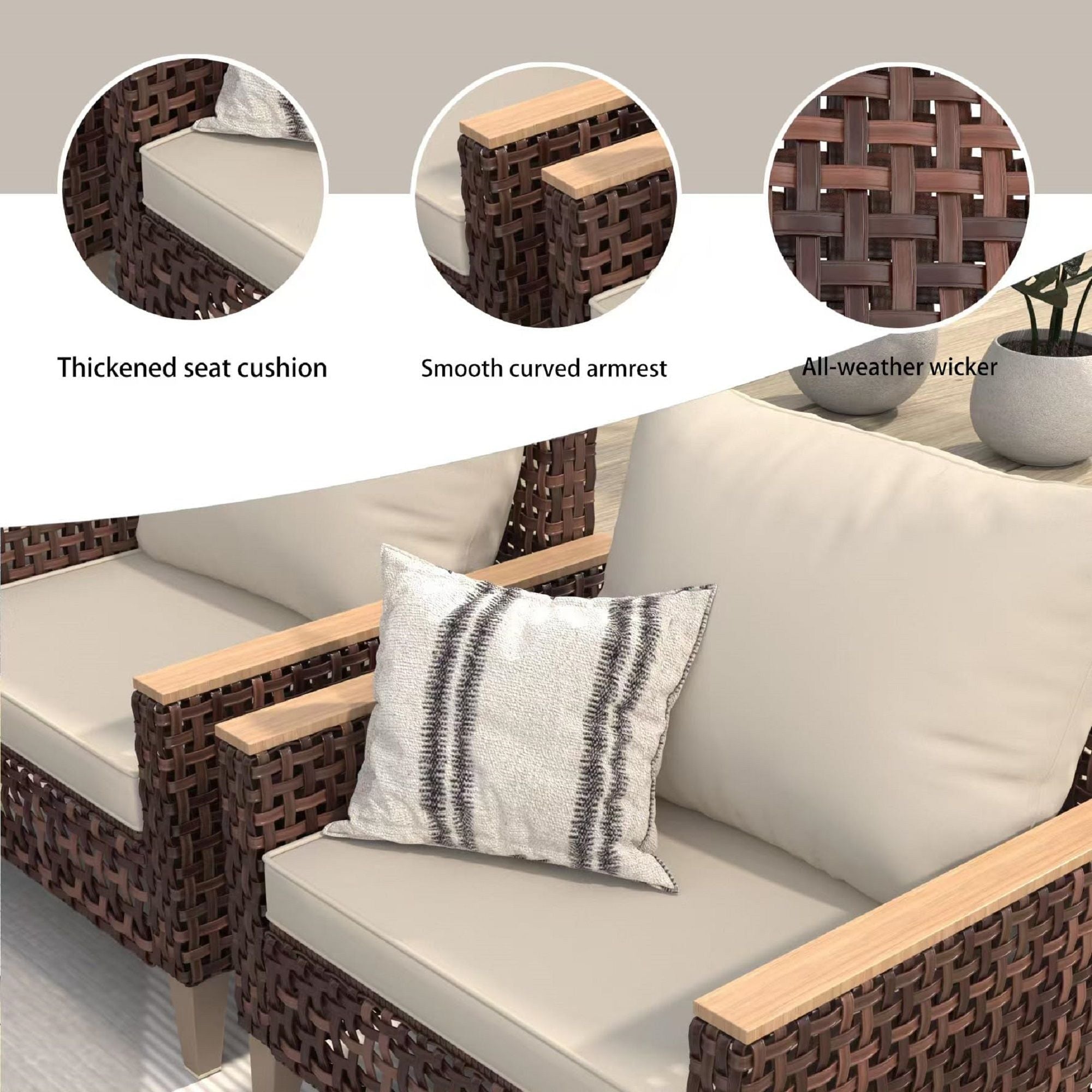 5 Piece Rattan Terrace Furniture Set, 7 Seats Cushions, High Footed Design