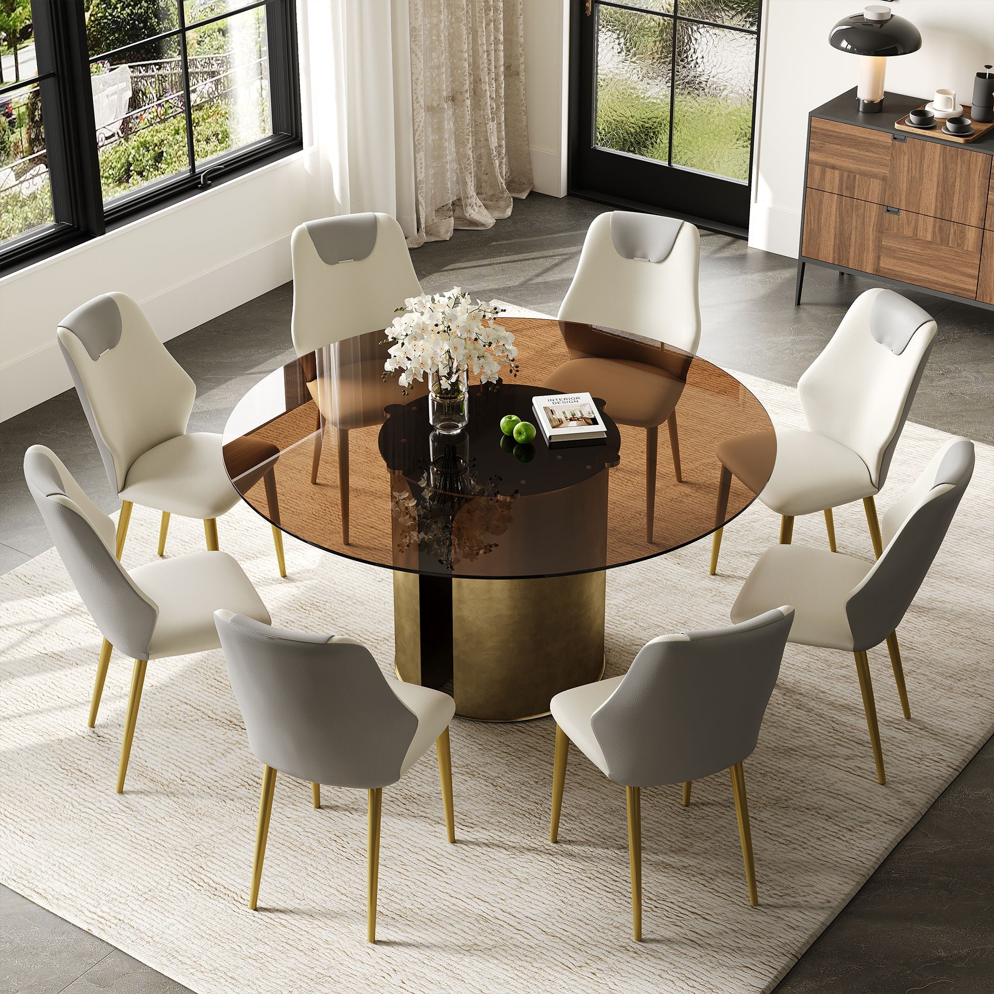 Modern Round Dining Table Set With Glass Top And Steel Legs