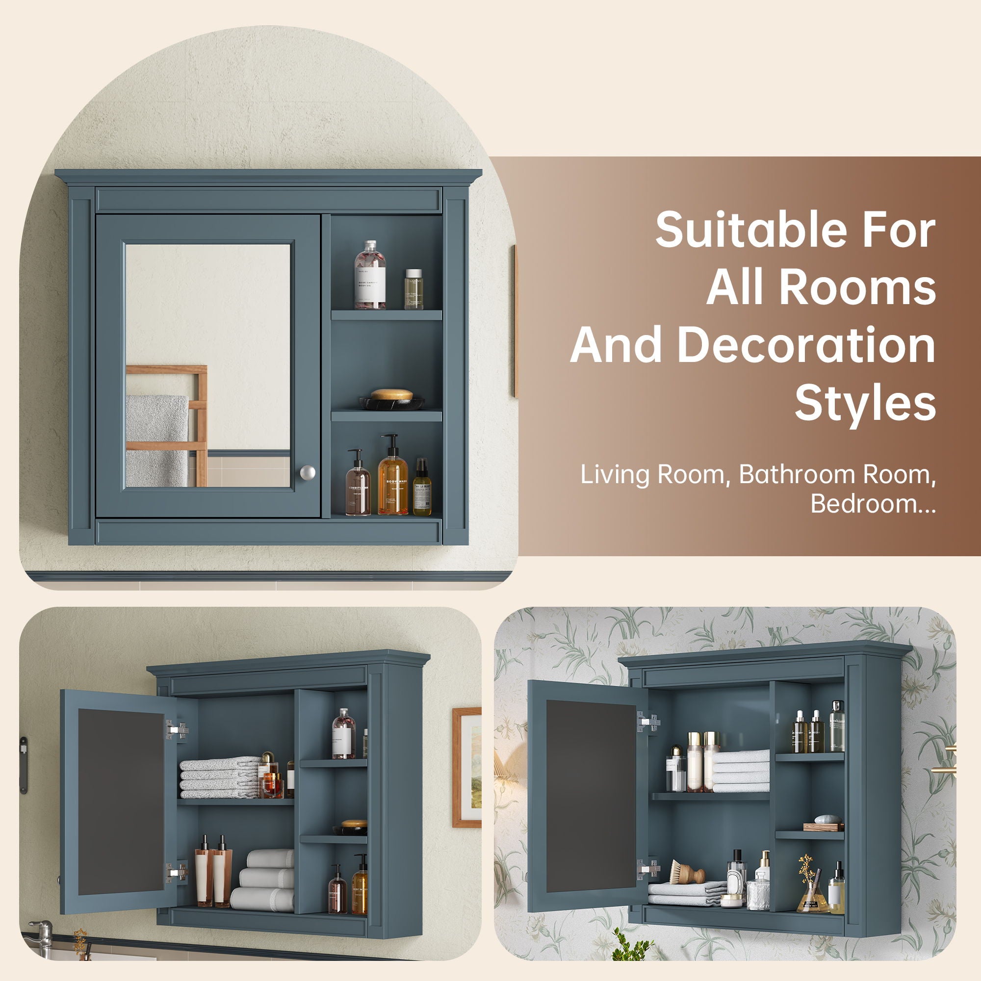 Wall-Mounted Medicine Cabinet With Mirror, Adjustable Shelves, Rectangular Design - Blue