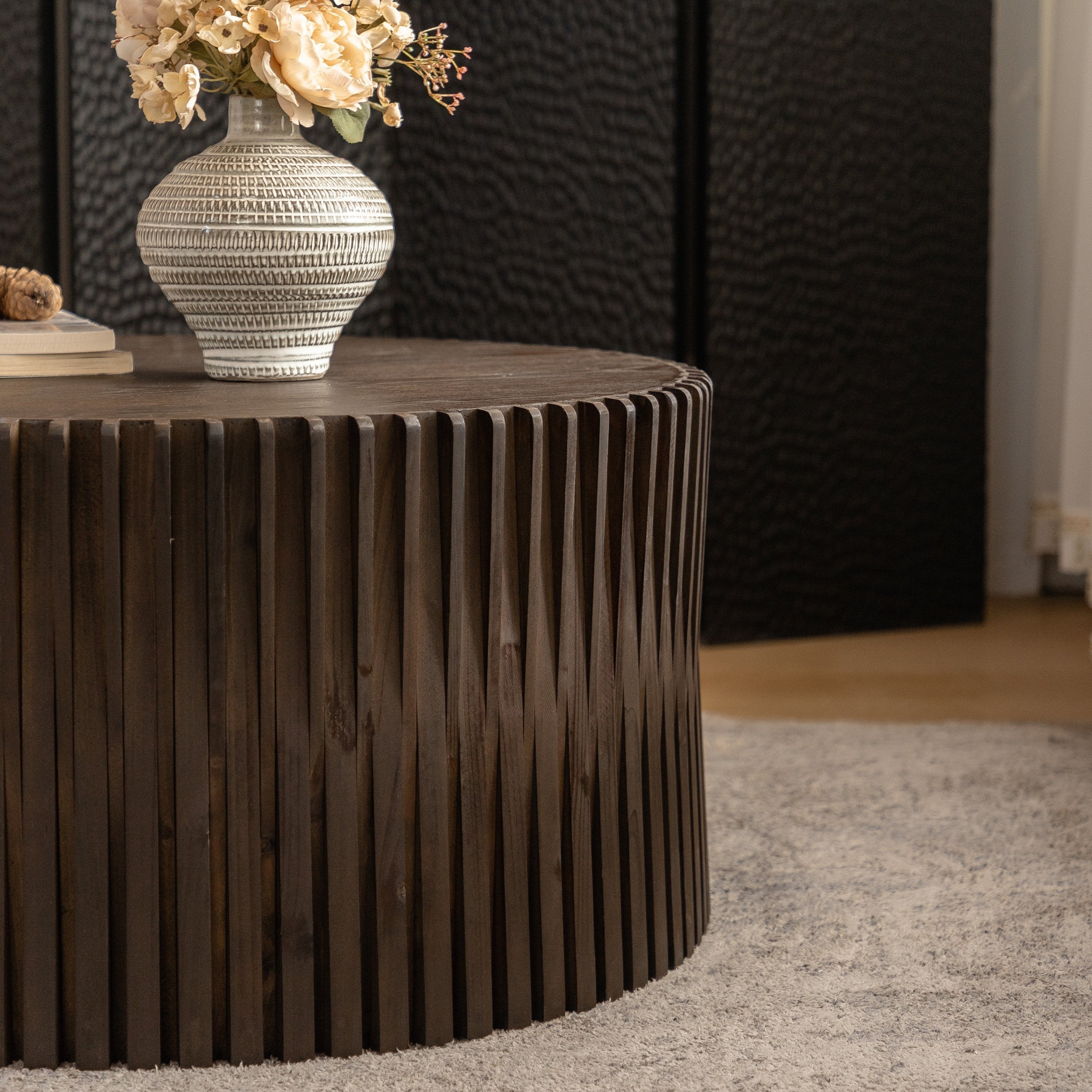 Vintage Style Cylindrical Nesting Coffee Table Set with Textured Embossed Design