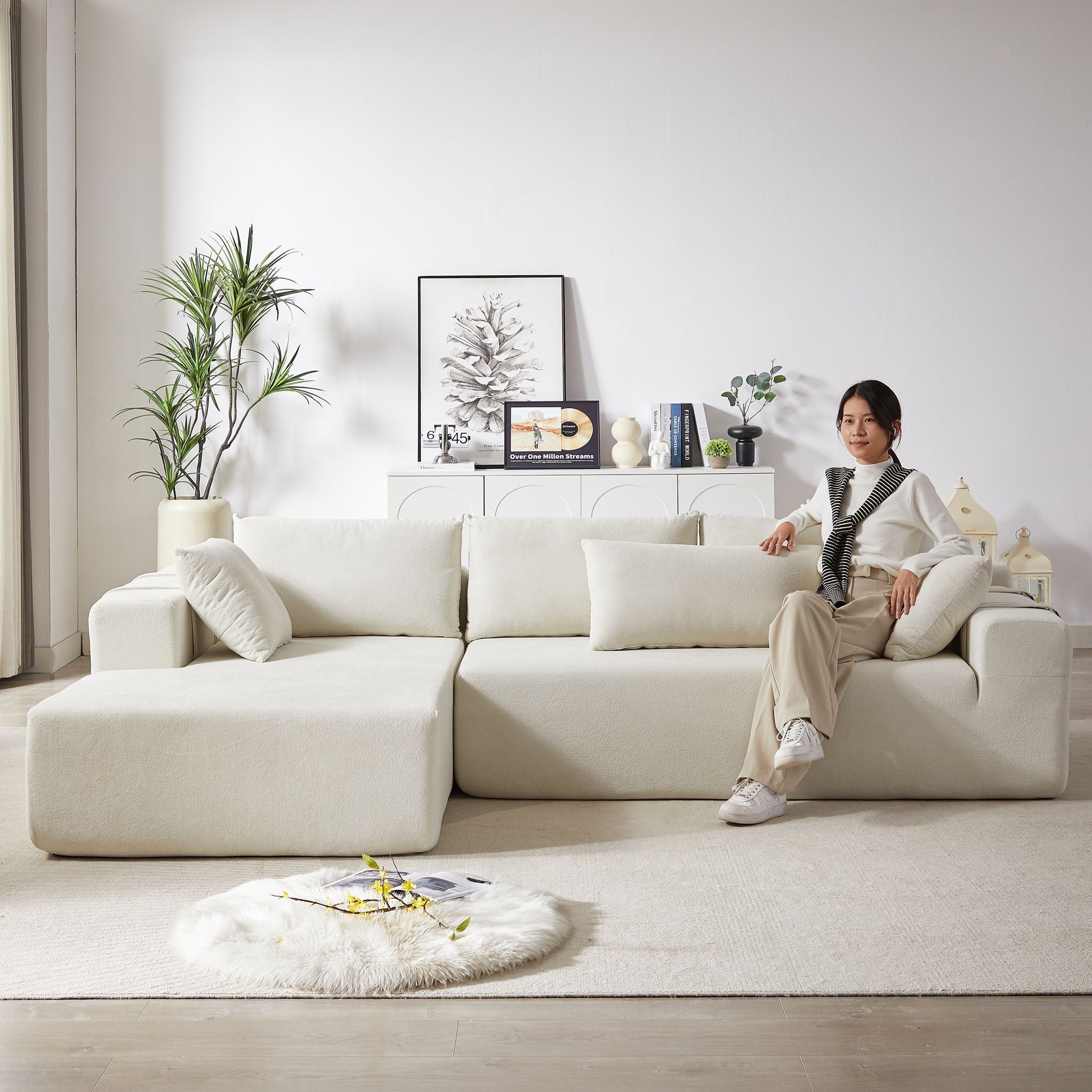 Modern Chenille Upholstered Sectional Sofa Couch Set With 6 Pillows,Free Combination