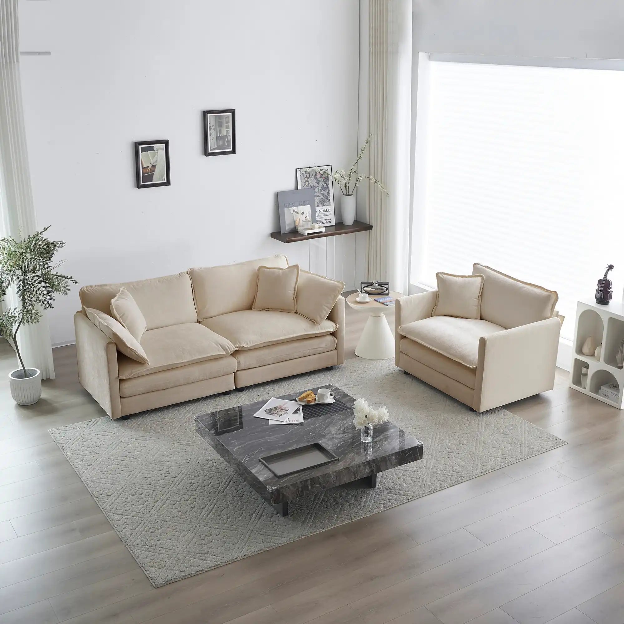 2 Piece Chenille Loveseat and Chair Set, Beige