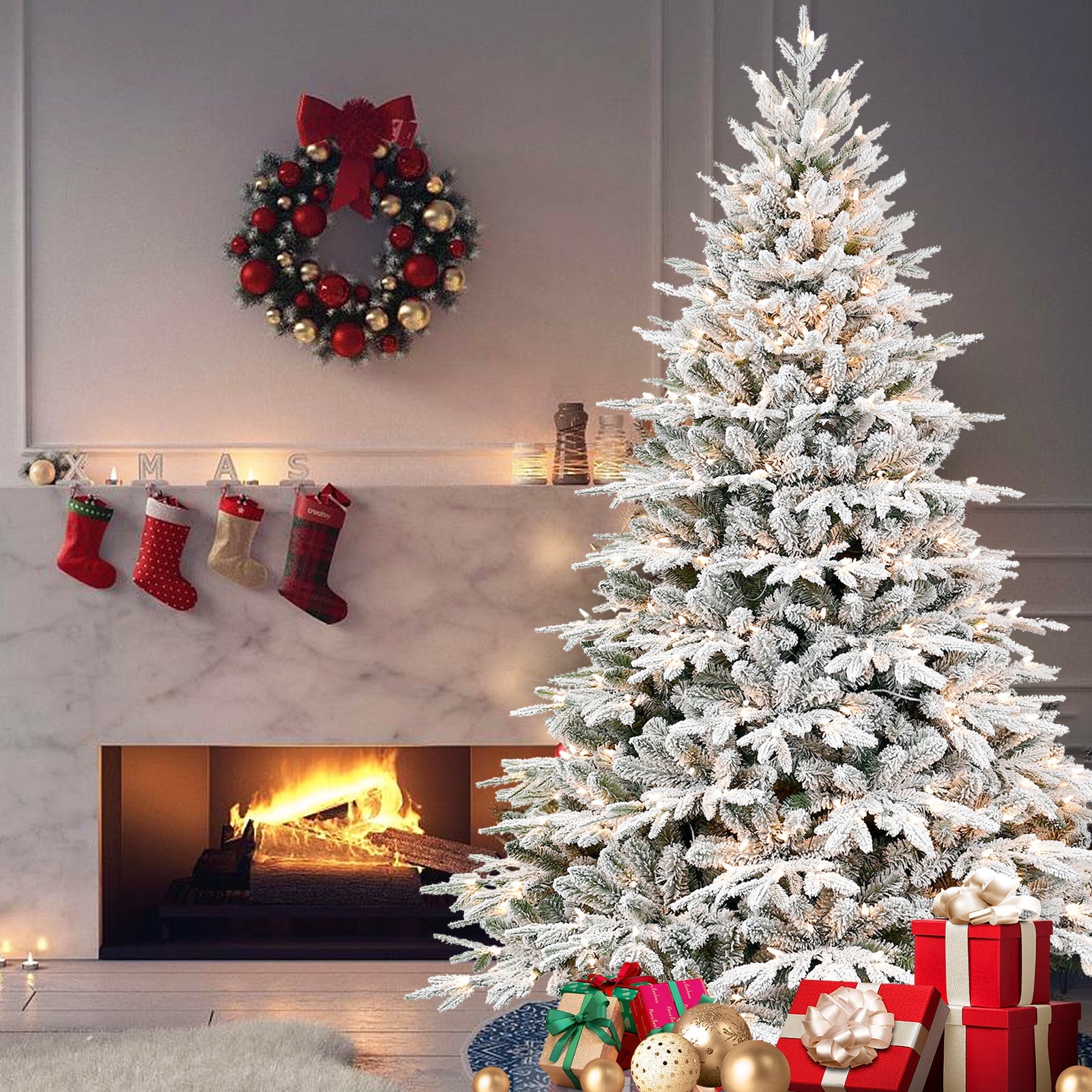 7.5ft-Pre-Lit-Flocked-Artificial-Christmas-Tree-Christmas-Trees