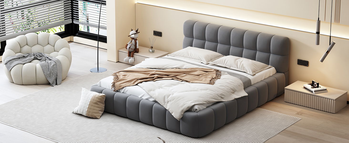 Upholstered Platform Bed With Thick, Grounded Bed With Solid Frame