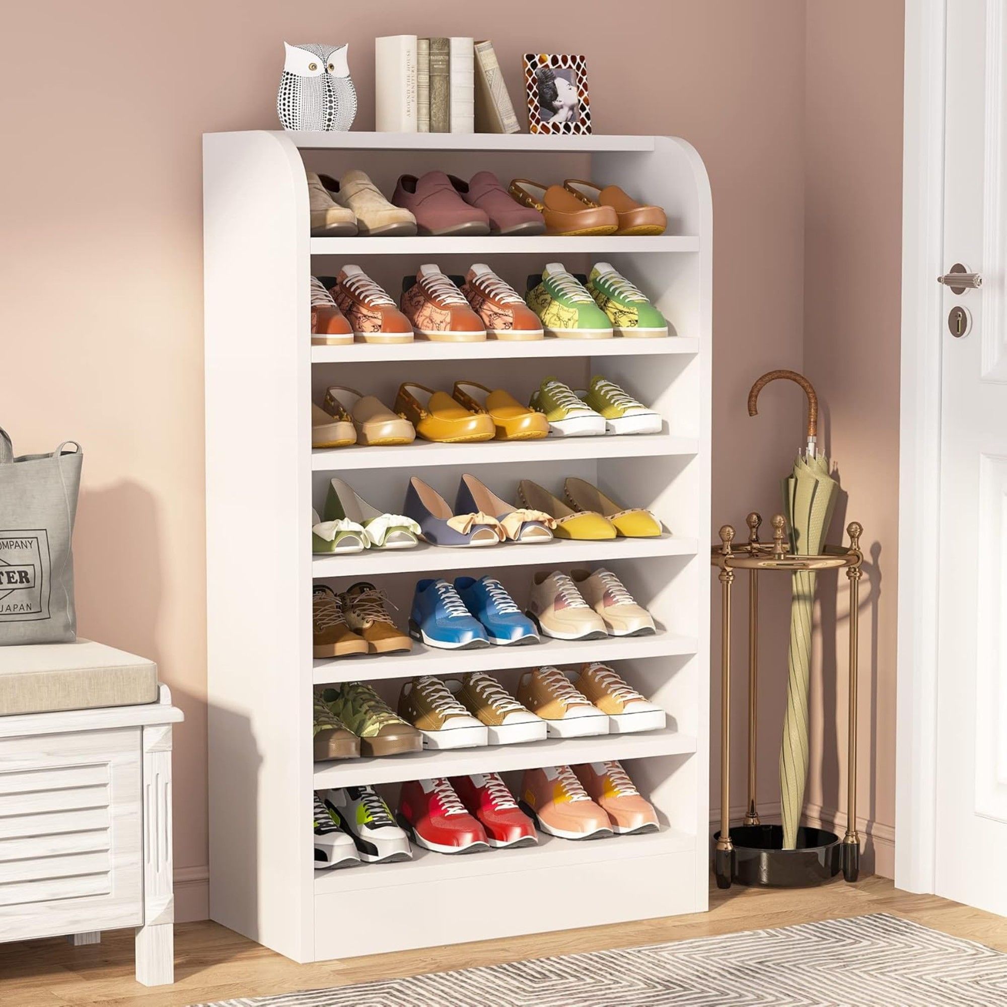 8 Tier Tall Shoe Rack, Wooden Shoe Storage Cabinet, Entryway Organizer - White