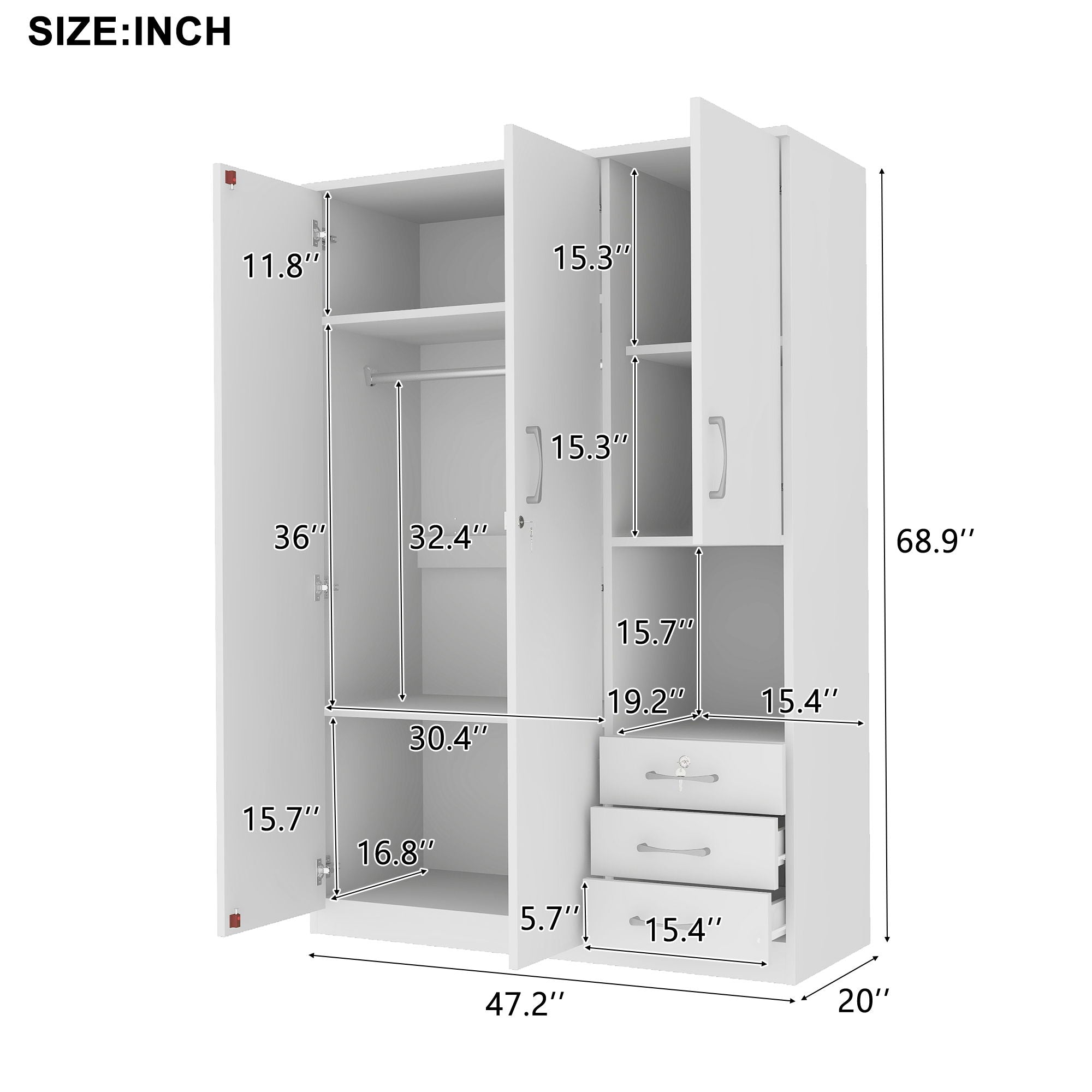 2 Doors Wardrobe Storage For Bedroom With Shelves And 3 Drawers