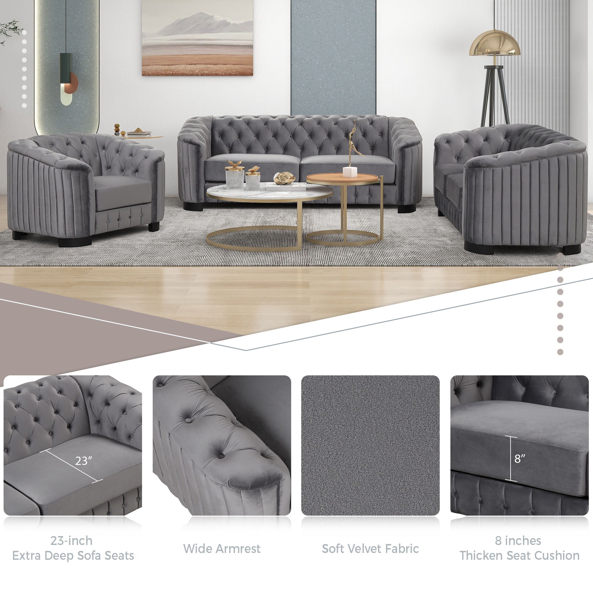 Upholstered 3 Piece Sofa Set With Legs
