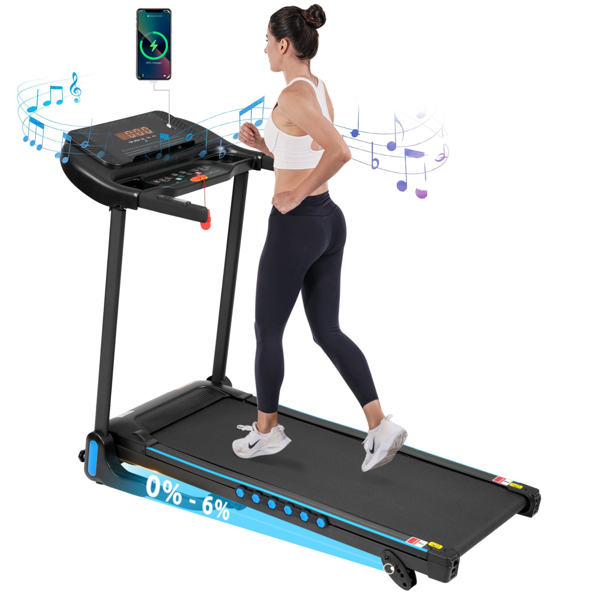 Incline Treadmill For Running & Walking, Hydraulic System Auto Folding With Type C & USB Charge For Android, 10Mph, Bluetooth Speaker - Black