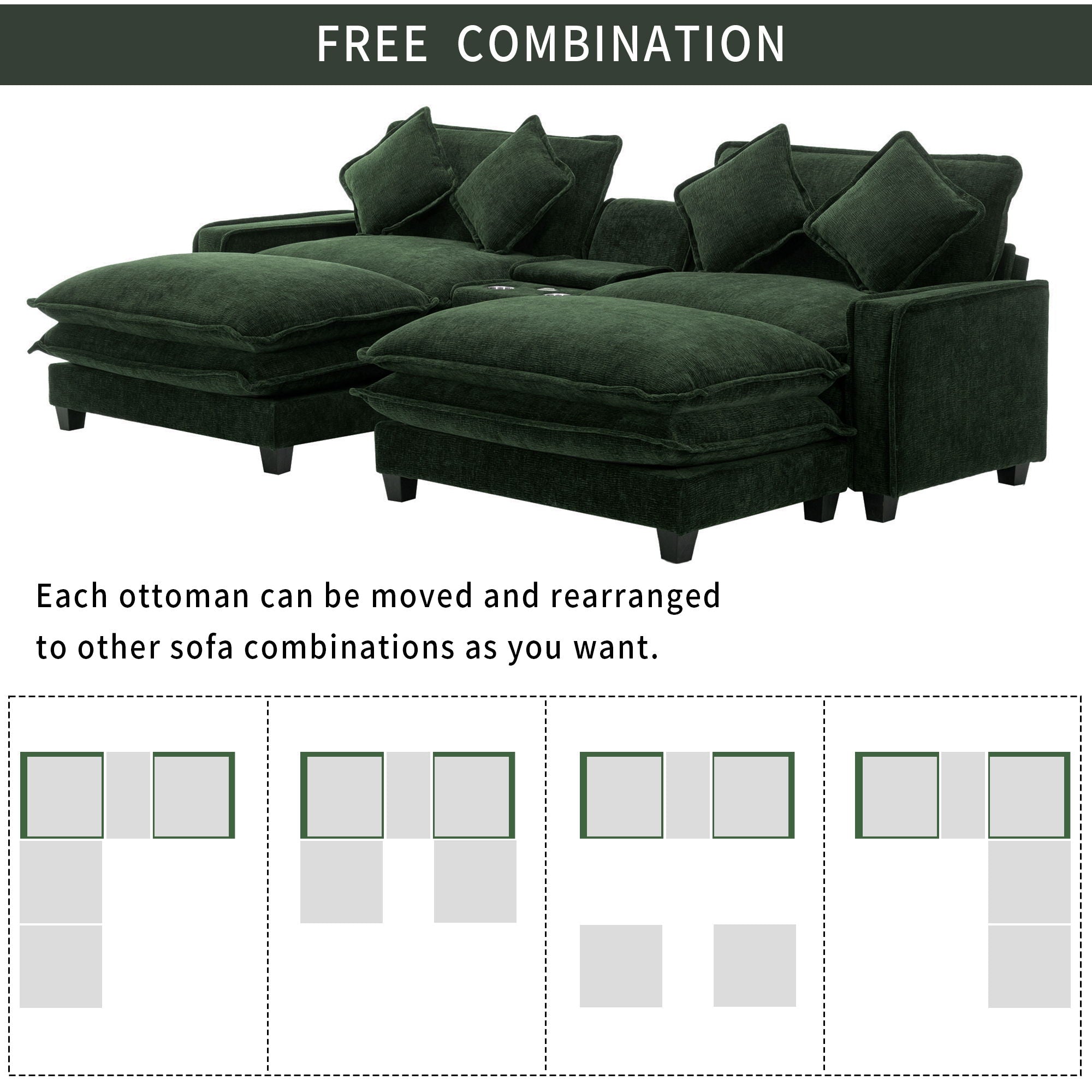 Sectional Sofa Chenille Upholstered Sofa With Two Removable Ottoman, Two USB Ports, Two Cup Holders And Large Storage Box For Living Room