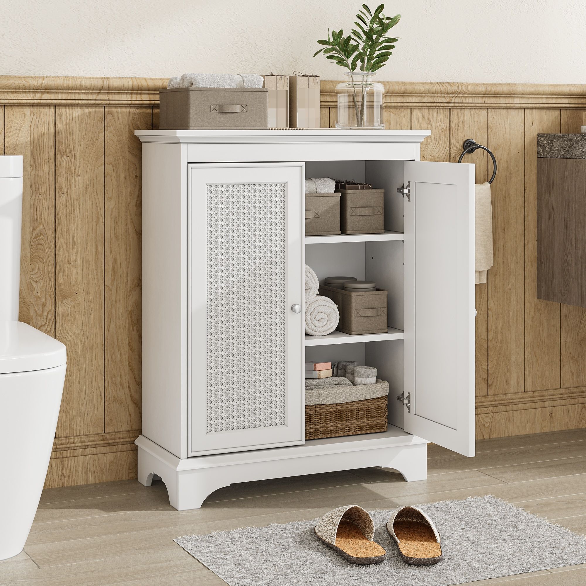 White 2 Door Rattan Storage Cabinet With Adjustable Partition, Medieval Modern Independent Buffet Cabinet, Multifunctional Decorative Cabinet Suitable For Living Room, Kitchen, Bathroom - White
