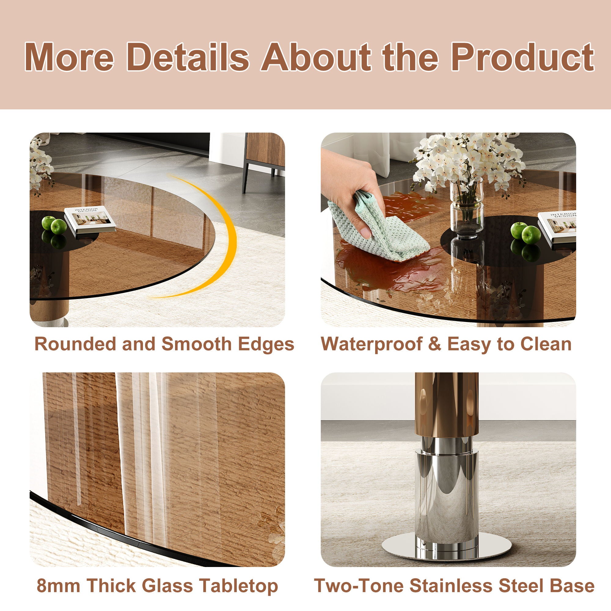 Round Glass Dining Table, Suitable For 2 - 4 People - Brown