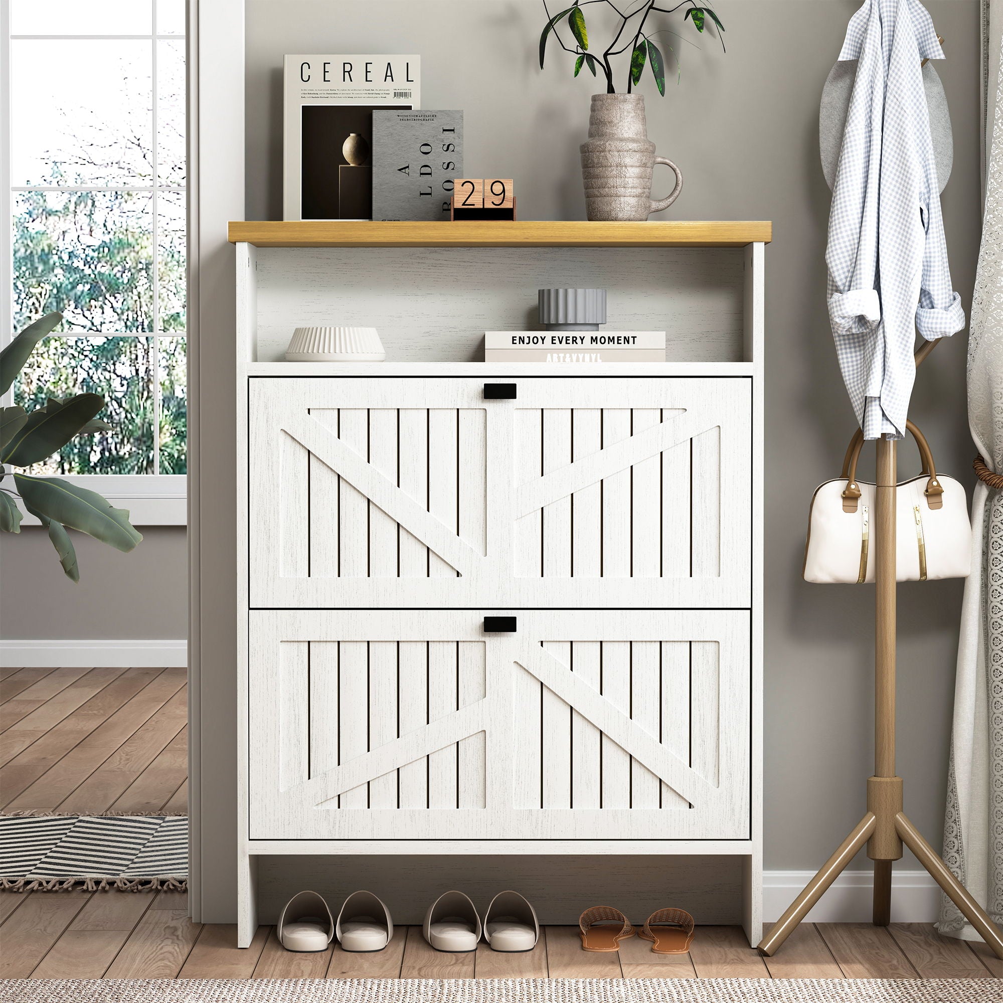 4 Layer Folding Shoe Cabinet With Metal Rounded Corners Convenient Shoe Storage - White