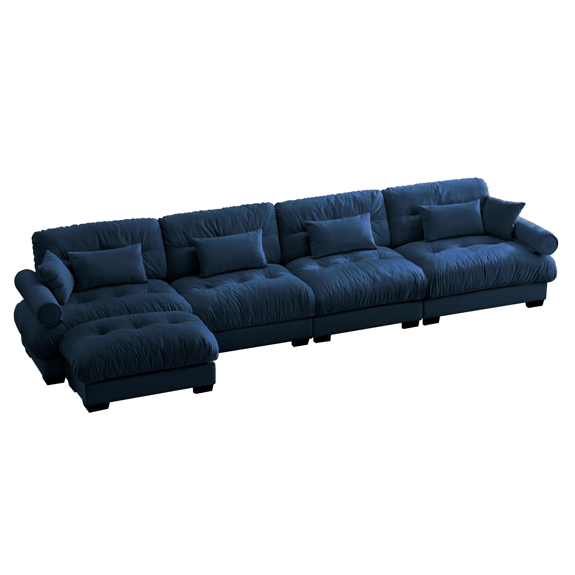 Modern Sectional Sofa With Ottoman, Round Bolster Armrests, Waist And Throw Pillows