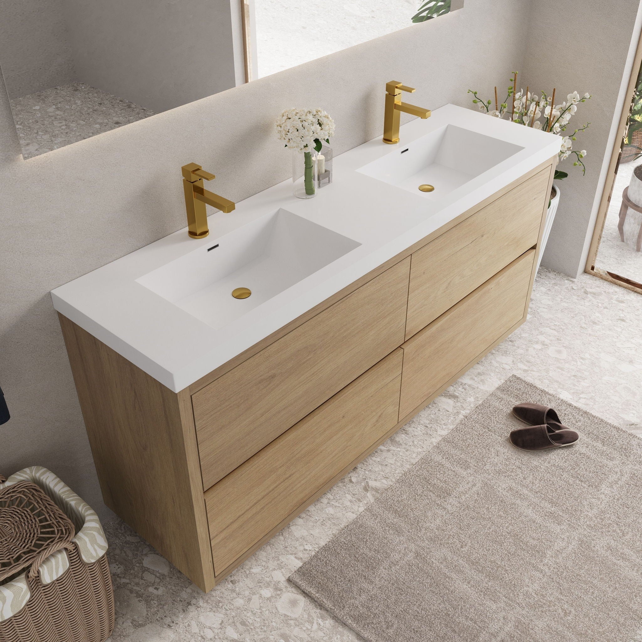 Bathin Freestanding Bathroom Vanity With Double Sinks, Bathroom Storage Vanity Cabinet With Stone Resin Countertop And Soft Close Drawers