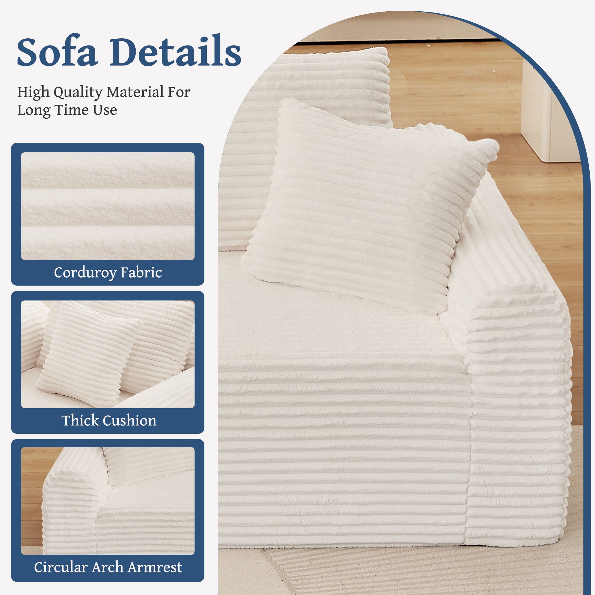 Modular Corduroy Sectional With Arched Armrests, Includes 3 Back Cushions & 2 Throw Pillows