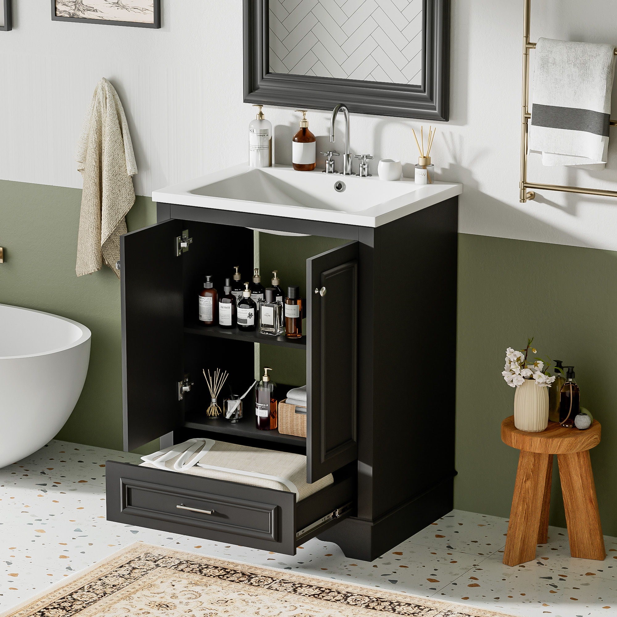 Bathroom Vanity With Ceramic Sink Combo, Modern Freestanding Storage Cabinet With Silver Handles