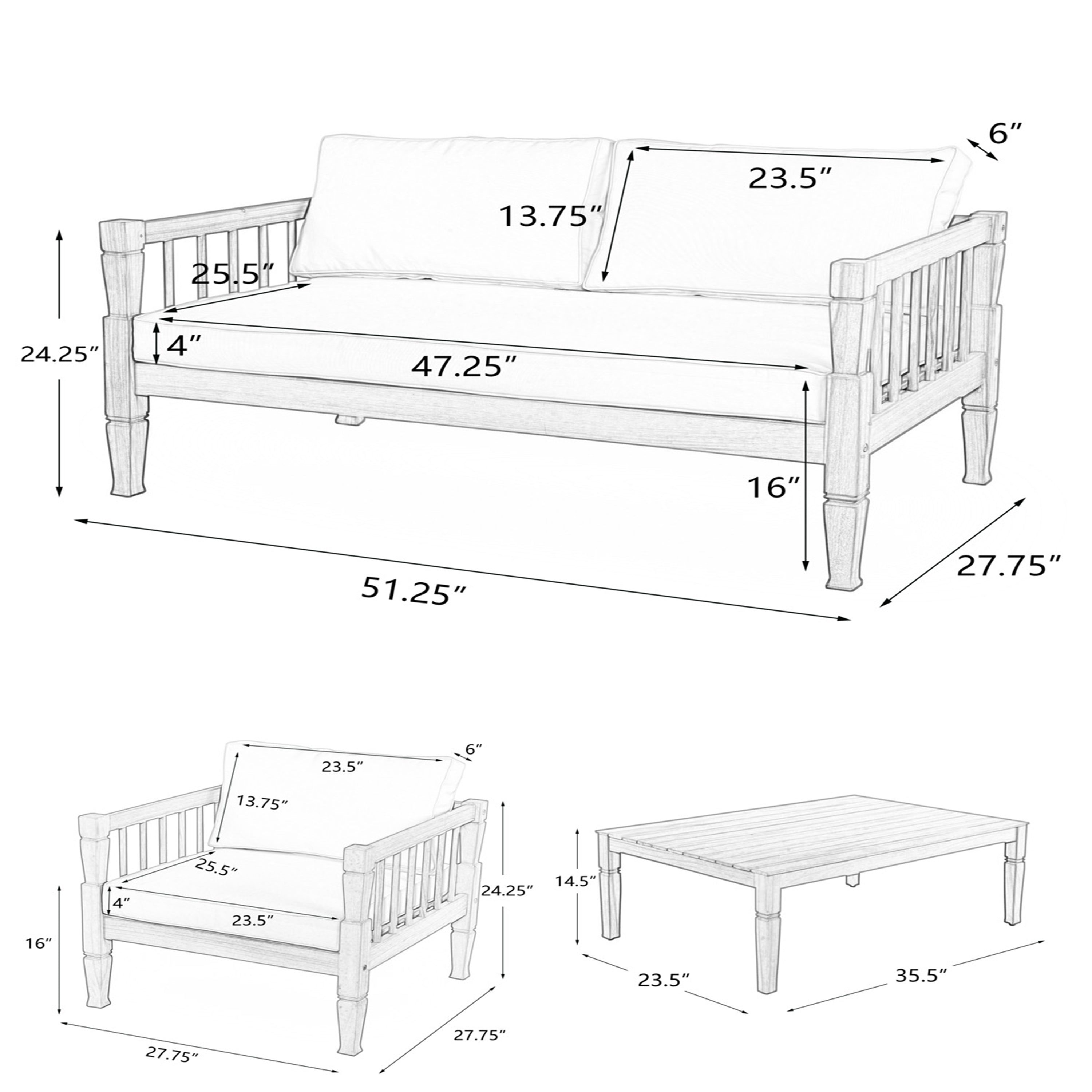 4-Piece Patio Furniture Set with Coffee Table and Cushions