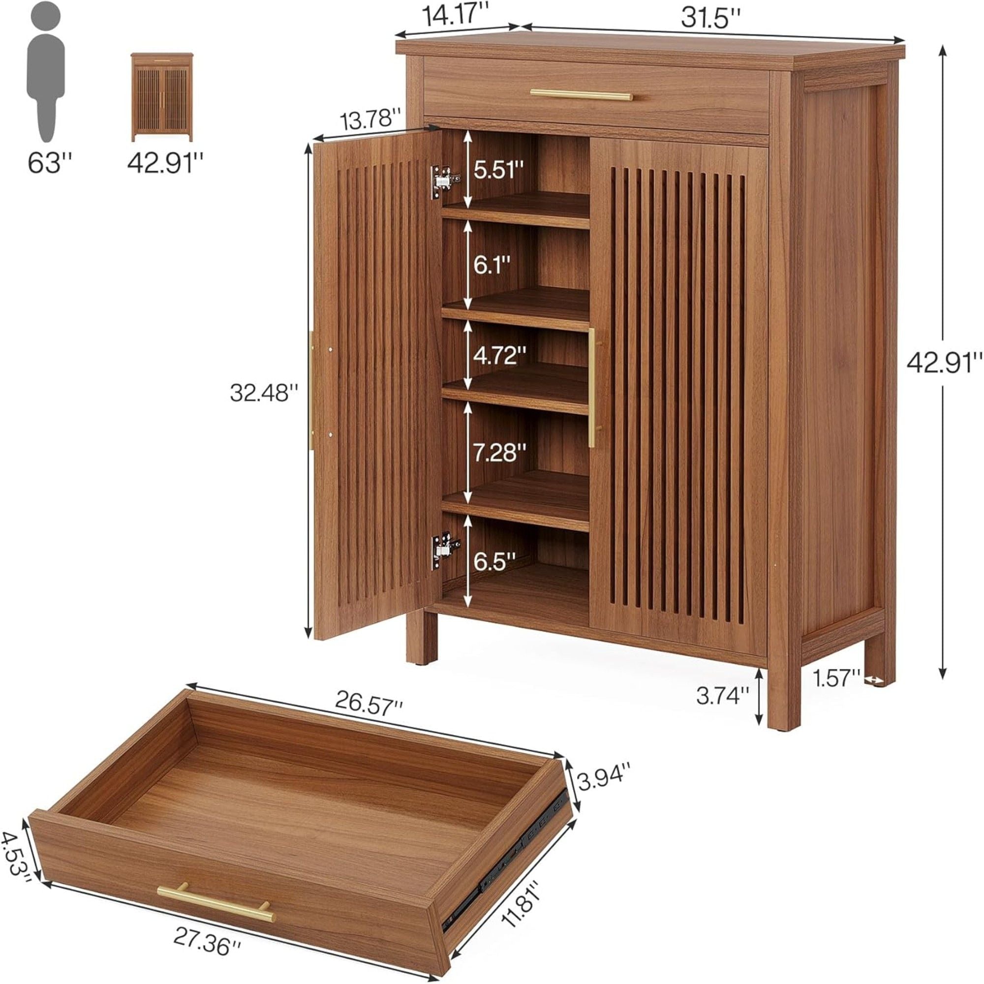 5 Tier Shoe Cabinet With Louvered Doors And Drawer, Freestanding Organizer With Adjustable Shelves For Entryway - Brown