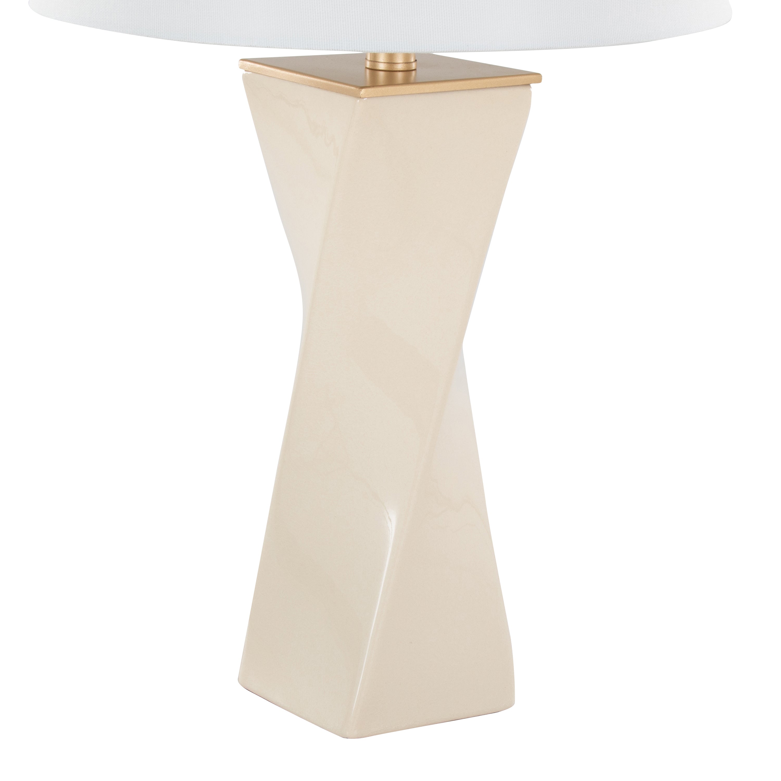 Curvo Square 27" Ceramic Table Lamp in Cream Ceramic, Gold Metal, and White Linen
