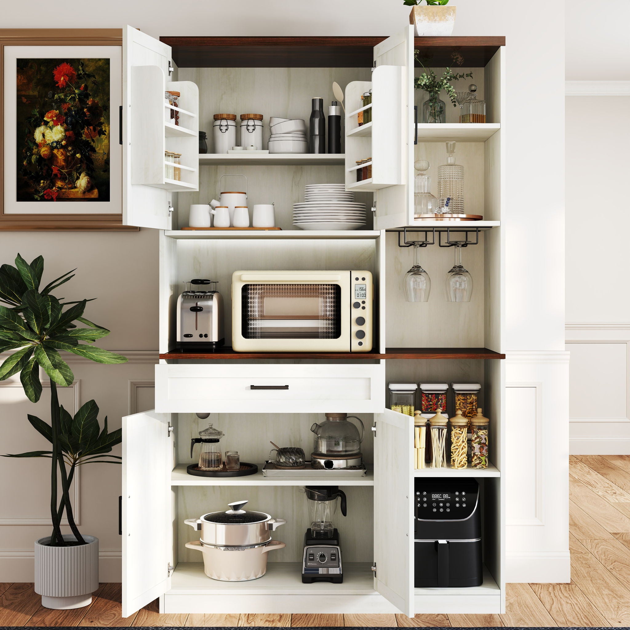 Farmhouse Kitchen Pantry Sideboard With Cabinet And Drawer, Multi Functional Kitchen Buffet With Hutch And Glass Holder, Microwave Stand With Charging Station - Brown / Antique White