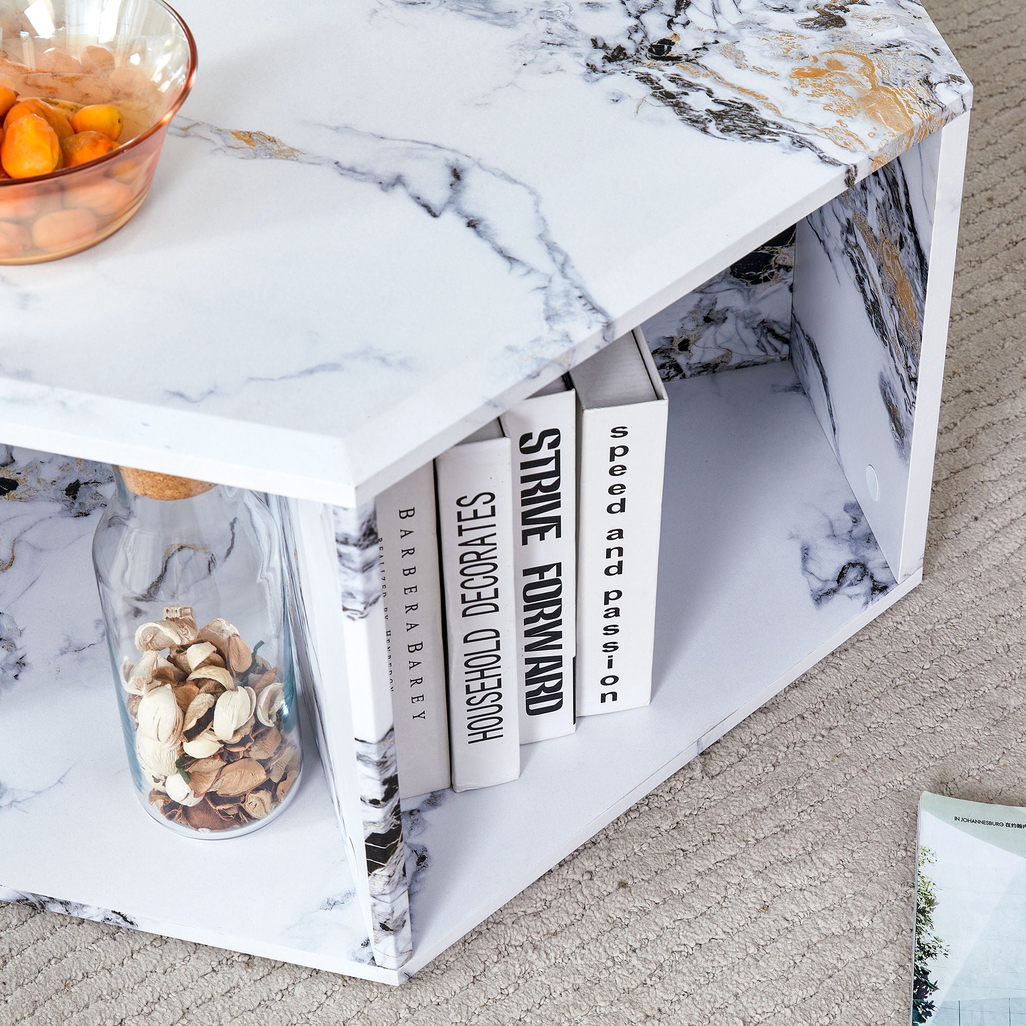 Hexagonal Coffee Table With Characteristic Pattern Stickers And Multi-Hole Design For Extra Storage