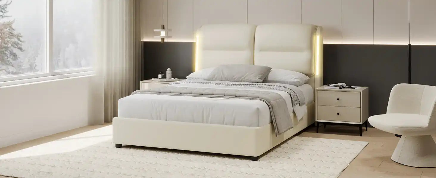 Upholstered Queen Size Hydraulic Platform Bed with Lift Up Storage and Sensor LED Lights - Best Buy Furniture