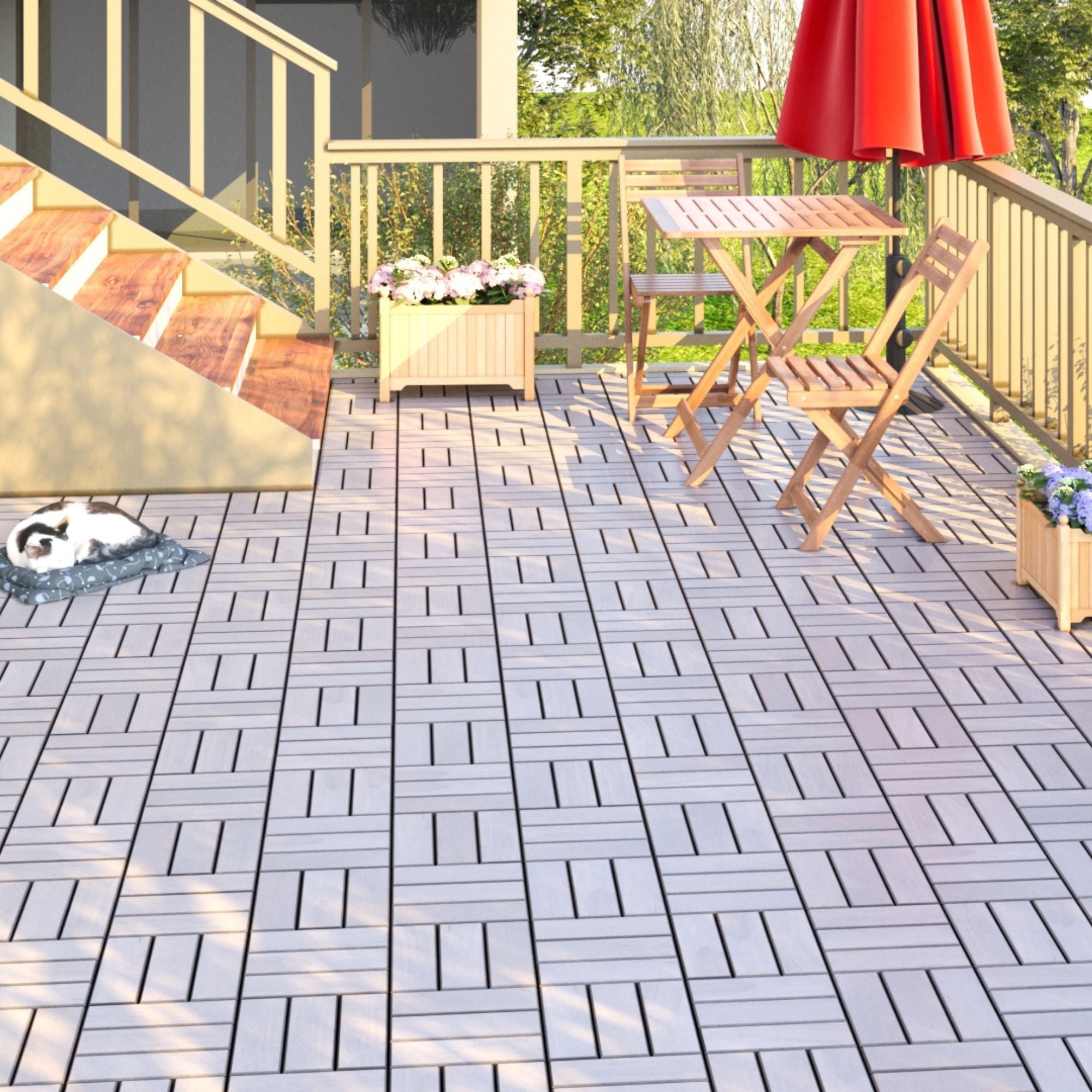 Acacia Wood Interlocking Deck Tiles Checker Pattern For Outdoor Flooring