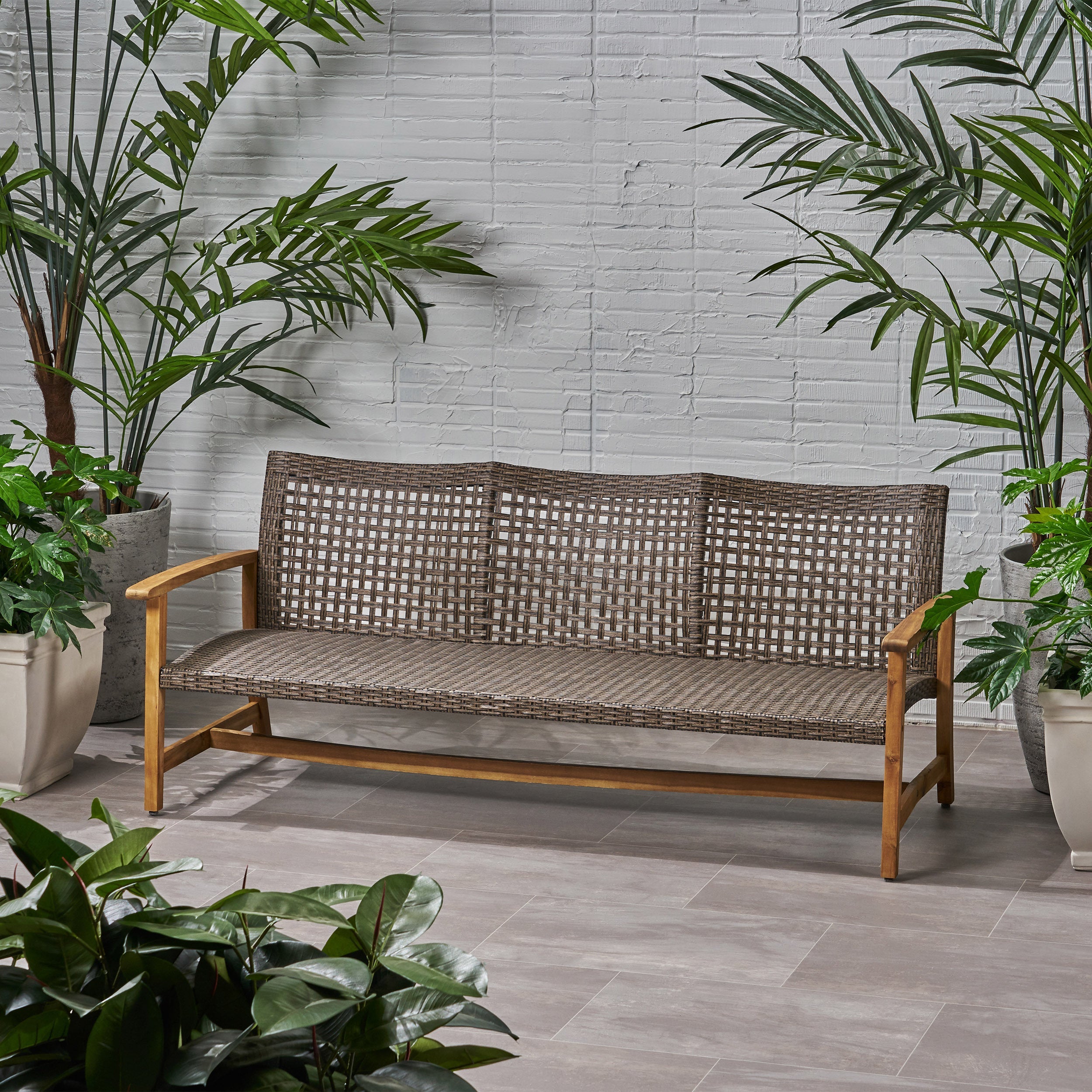 Handwoven Wicker and Acacia Outdoor Sofa