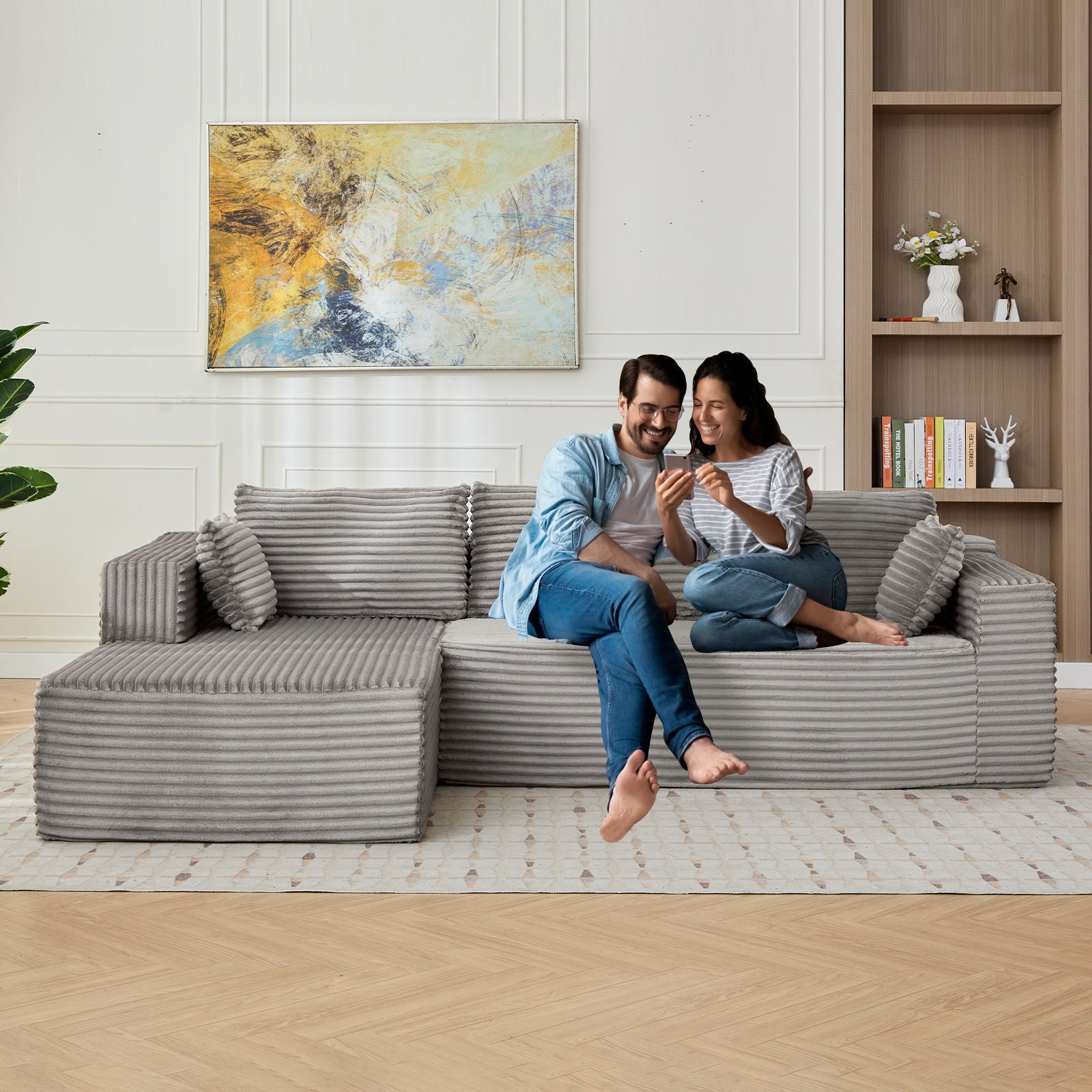 Compression Sectional Couch With Comfy Chaise, Boneless L Shape Sofa With Deep Seat