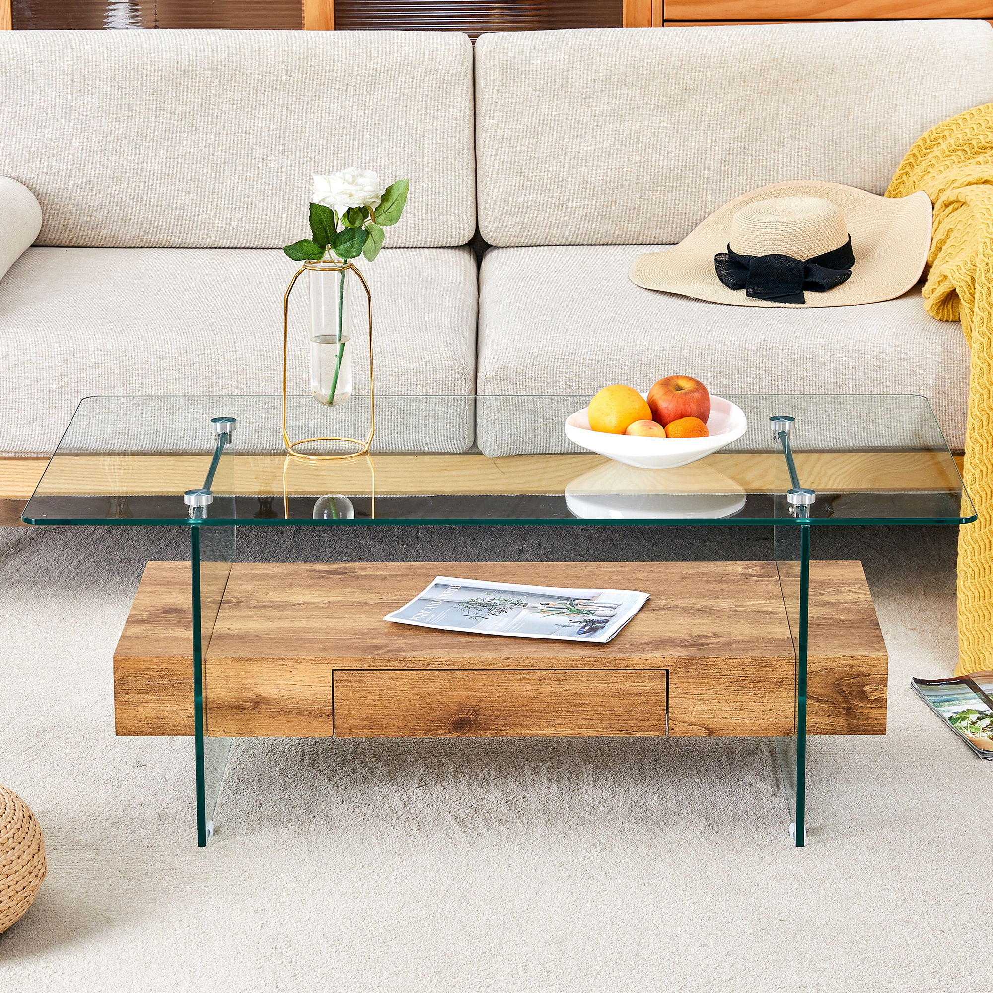 Modern 2 Tier Square Coffee Table, Elegant Marble Pattern