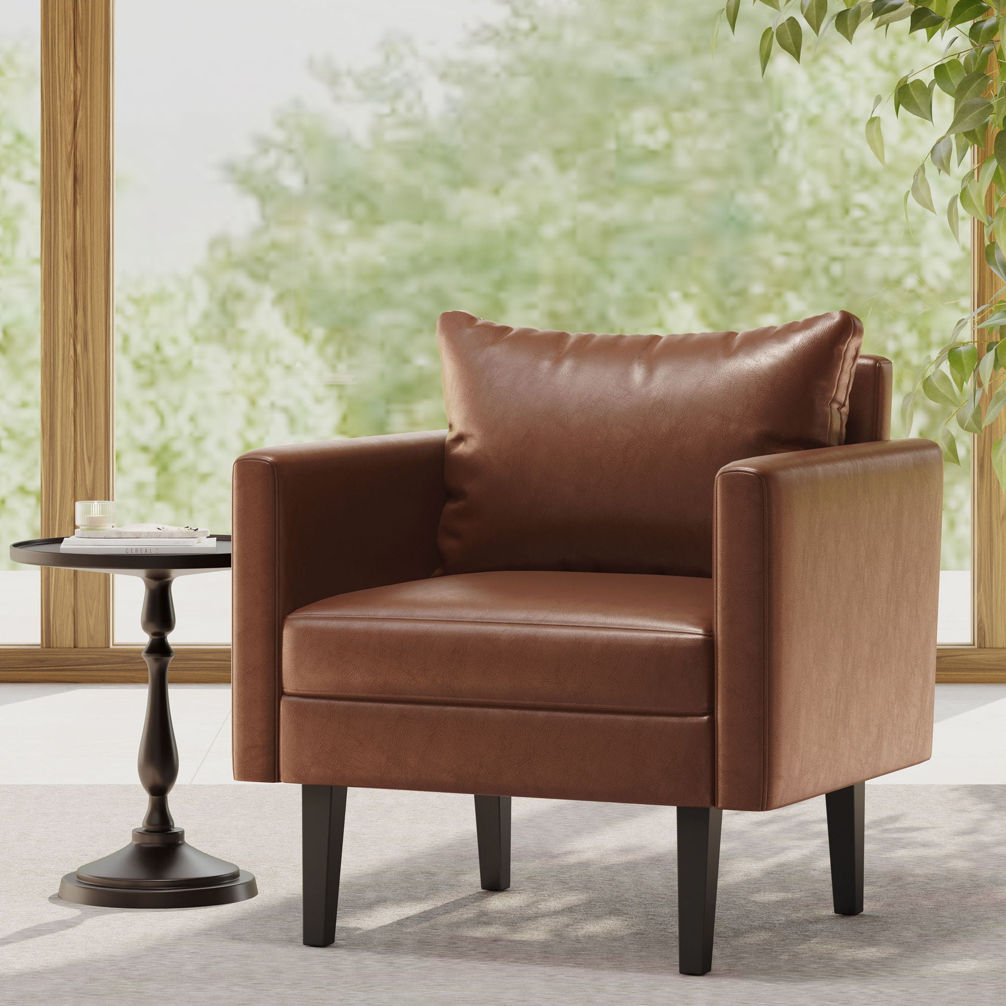 Faux Leather Club Chair With Birch Tapered Legs - Light Brown