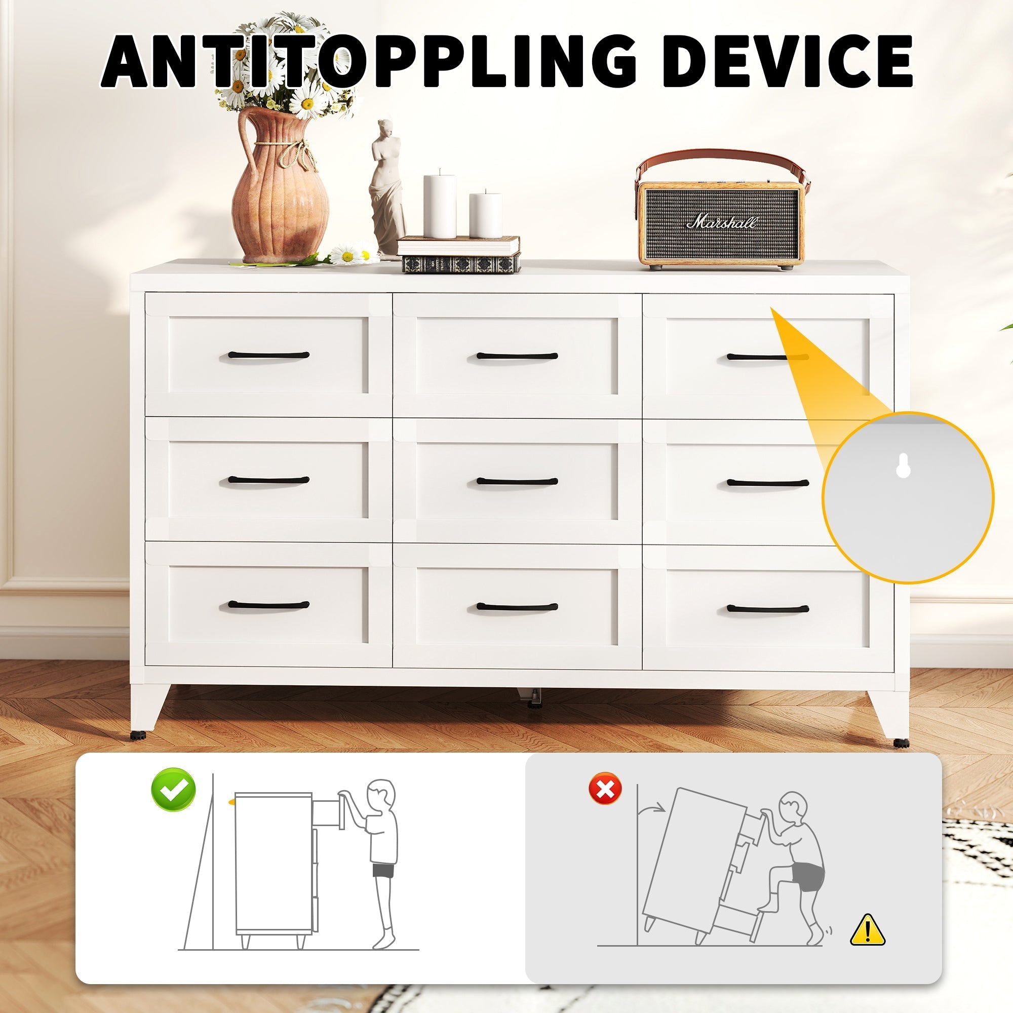 9 Drawer Dresser for Bedroom, Metal Profile Chest of Drawers, White Bedroom Dresser with Storage Drawers for Closet, Hallway, Entryway, Steel Furniture with Quiet-Glide Rails, Easy-Clean & Scratch